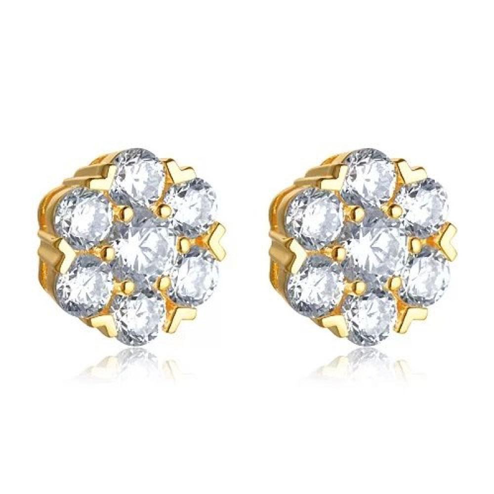 Van Cleef & Arpels Diamond Fleurette earrings are fashioned in 18 karat yellow gold. These current style floral motif earrings feature 14 round brilliant cut diamonds that equal approximately 1.90 carat total weight. The diamonds are graded DEF