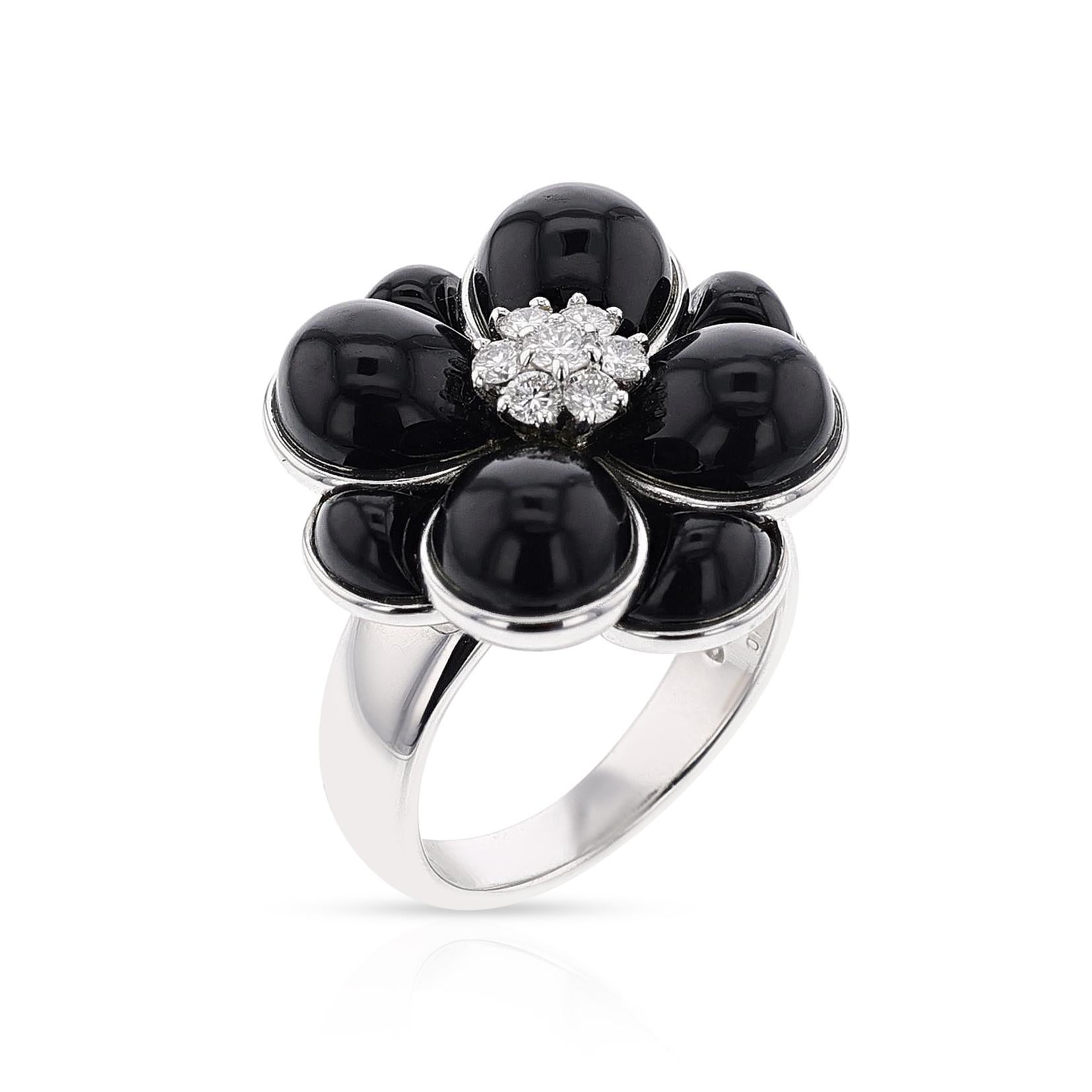 Women's or Men's Van Cleef & Arpels Floral Onyx and Diamond Ring, 18k  For Sale