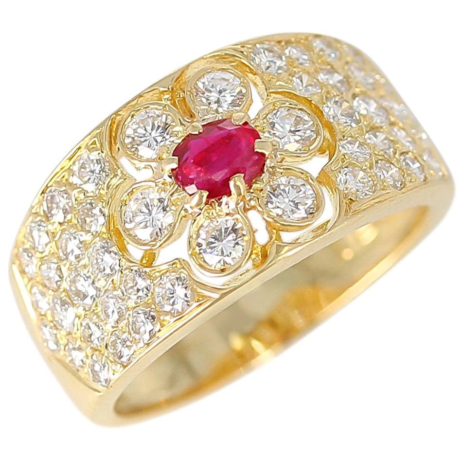 Van Cleef & Arpels Floral Ruby and Diamond Ring, 18 Karat, with Original VCA Box