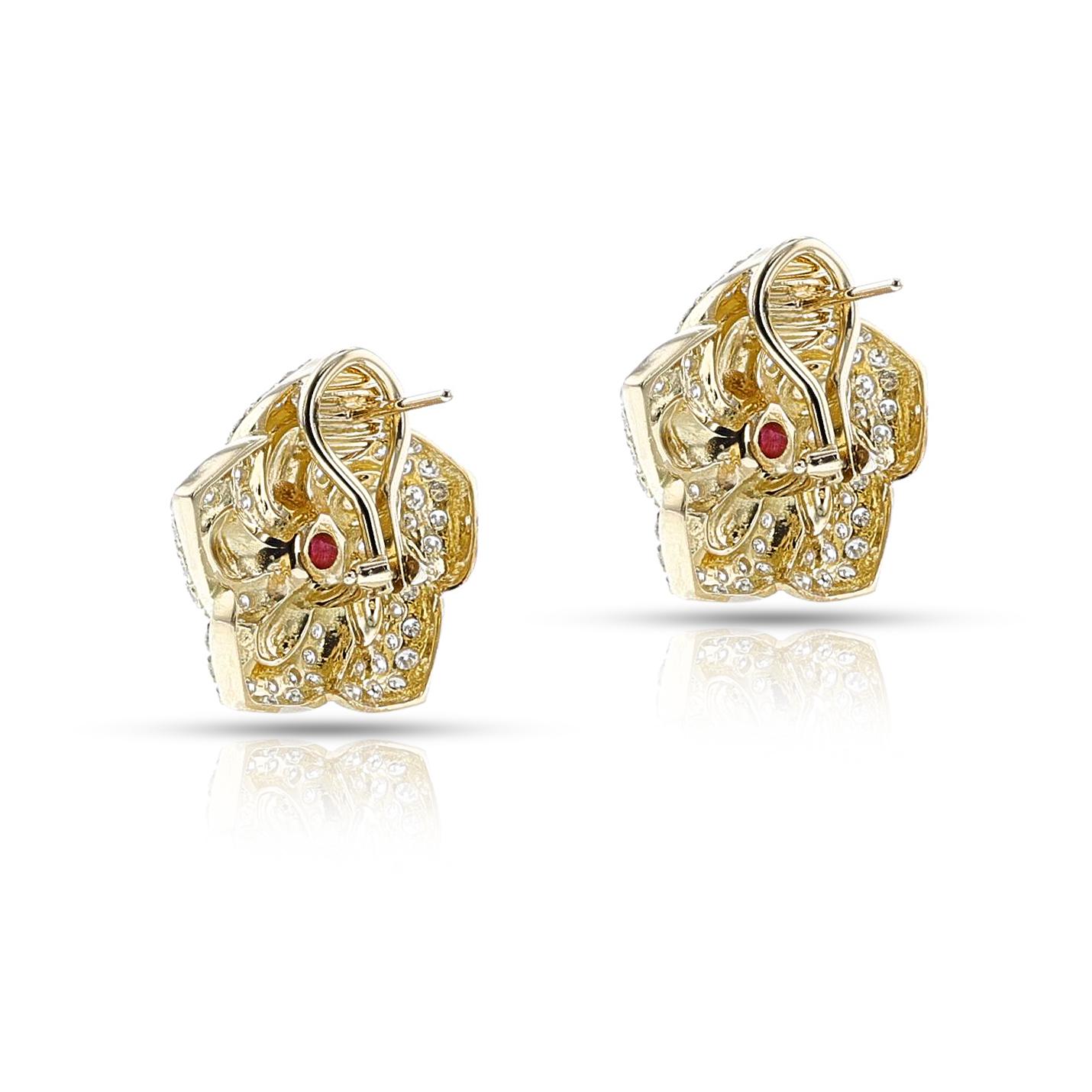 Round Cut Van Cleef & Arpels Floral Ruby Cabochon and Diamond Earrings, 18k