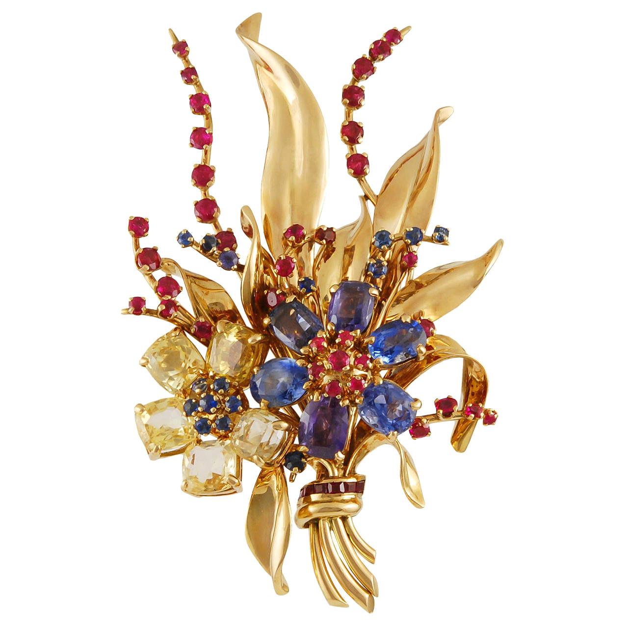 Van Cleef & Arpels Sapphire Ruby Yellow Gold Flower Brooch
