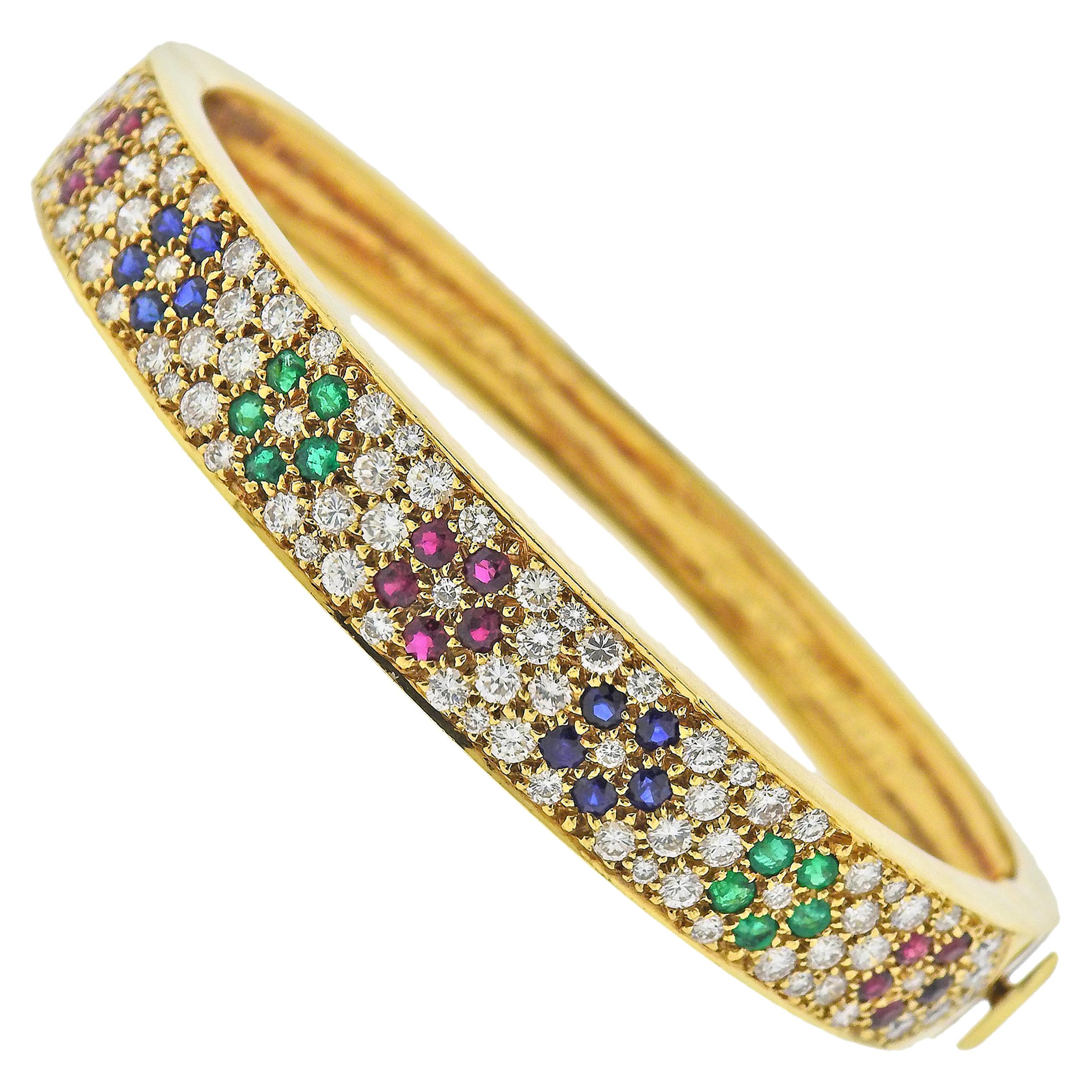 Van Cleef & Arpels Flower Emerald Sapphire Ruby Diamond Gold Bangle Bracelet For Sale