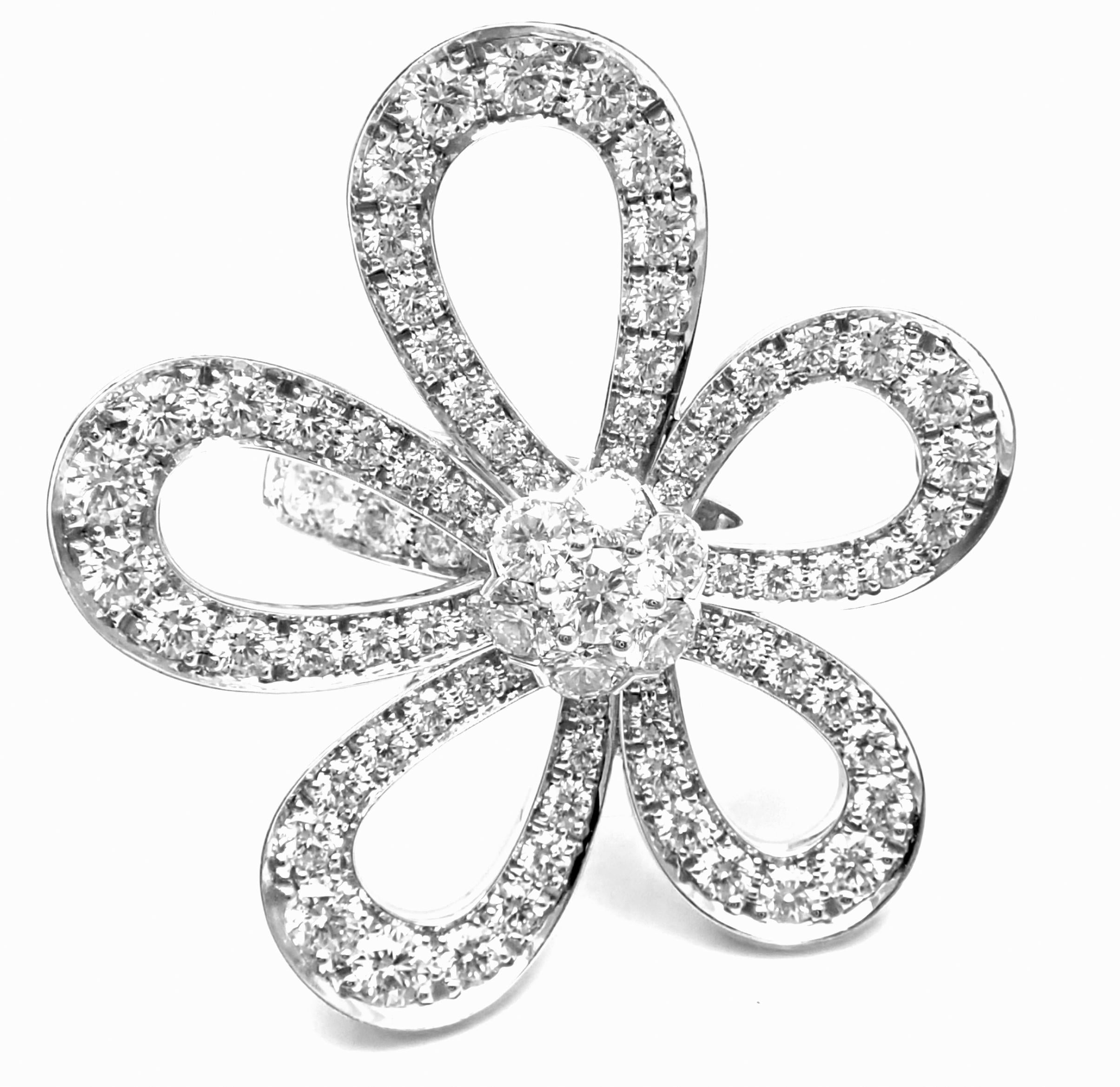 18k White Gold Flowerlace Diamond Large Ring by Van Cleef & Arpels. 
With 87 Round brilliant cut diamonds VVS1 clarity, E color total weight approx. 2.66ct
Details: 
Size: European 50, US 5 1/4 (resizing is available)
Width: 34mm
Weight: 13.8