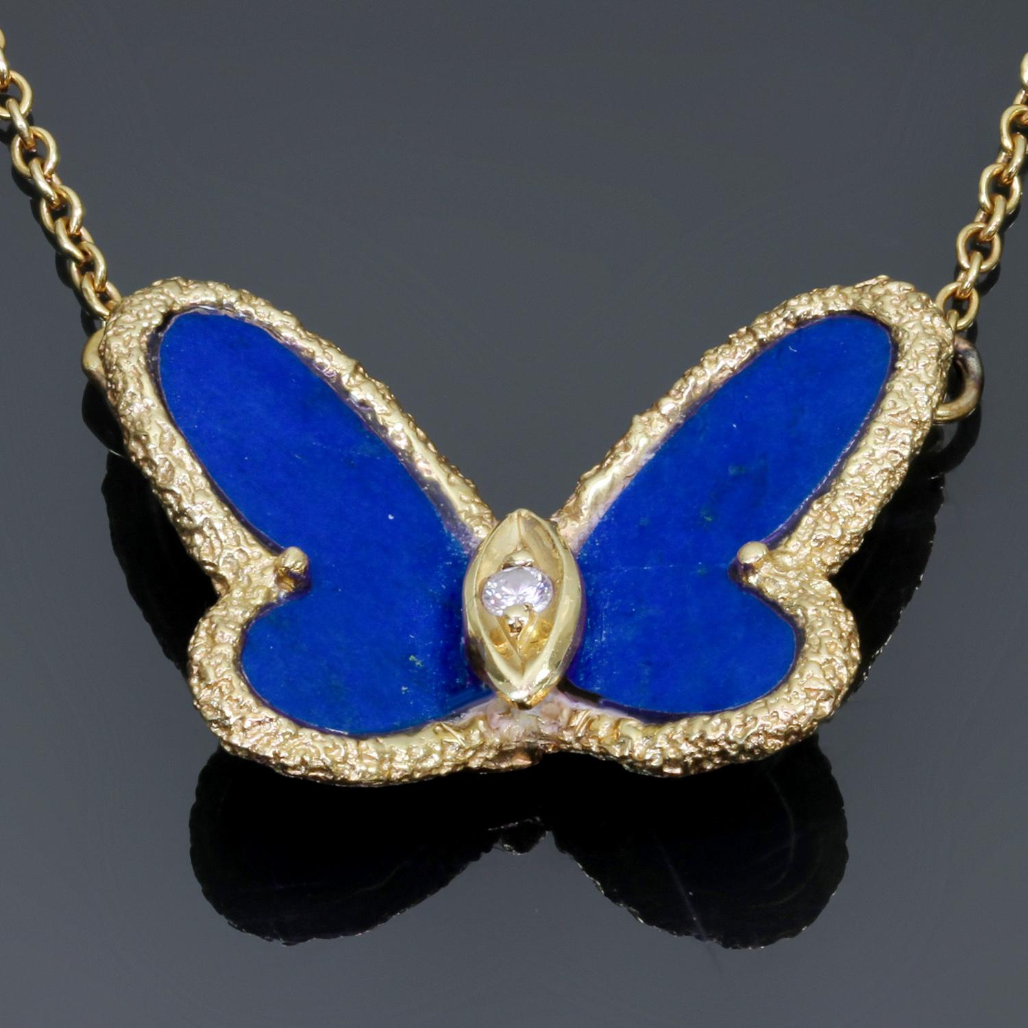 This stunning vintage Van Cleef & Arpels necklace from the iconic Flying Beauties collection is crafted in textured 18k yellow gold and features a butterfly pendant accented with blue lapis lazuli wings and a solitaire brilliant-cut diamond of an