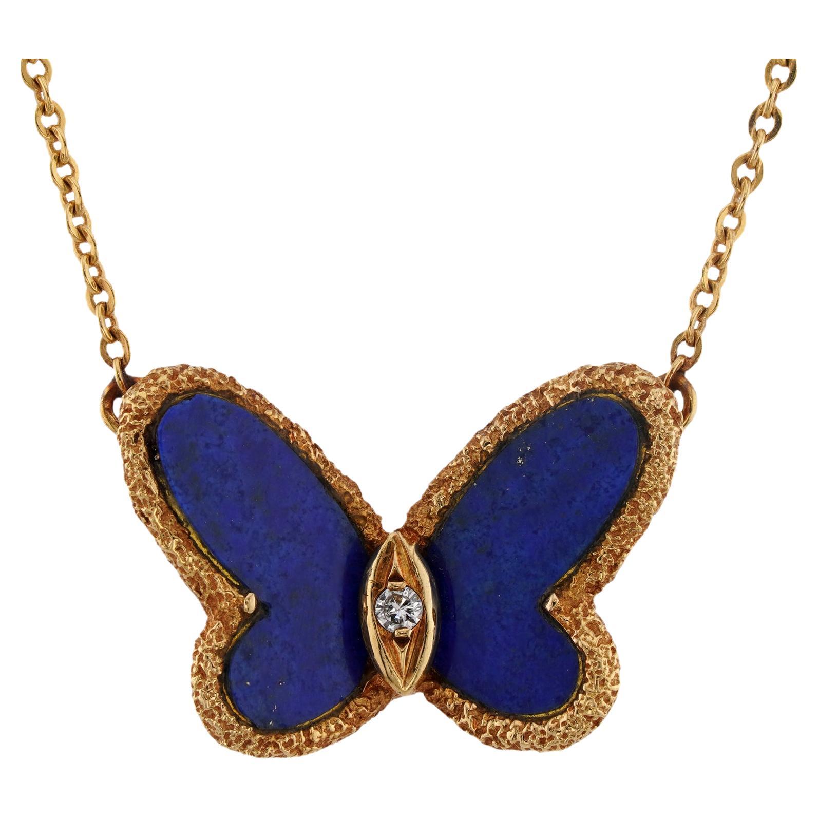 VAN CLEEF & ARPELS Flying Beauties Diamond Lazuli Yellow Gold Butterfly Necklace