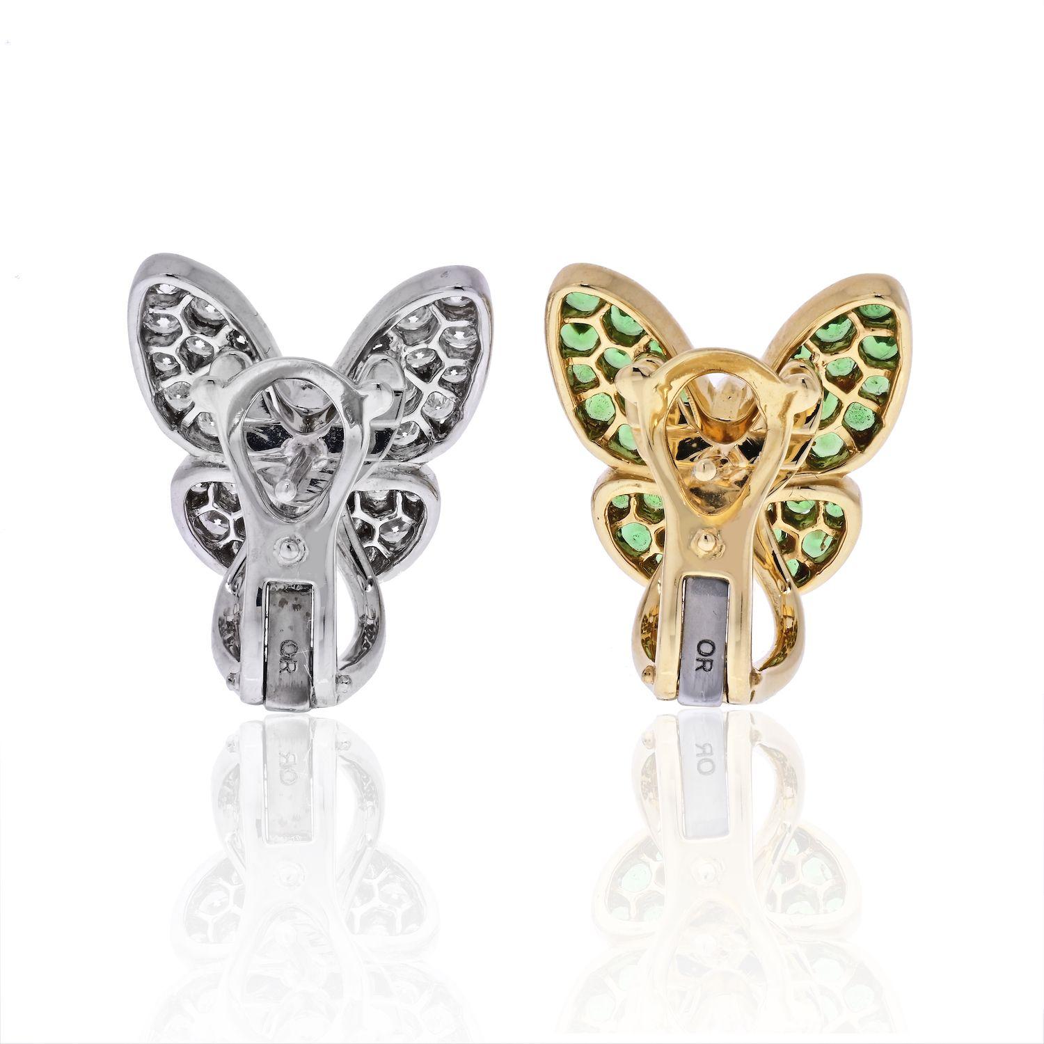 Van Cleef & Arpels 'Two Butterfly' earrings crafted in 18 karat yellow and white gold combine color and asymmetry in a dazzling way. One earring is crafted in white gold and set with an estimated 1.00 carats of high-quality diamonds. The other