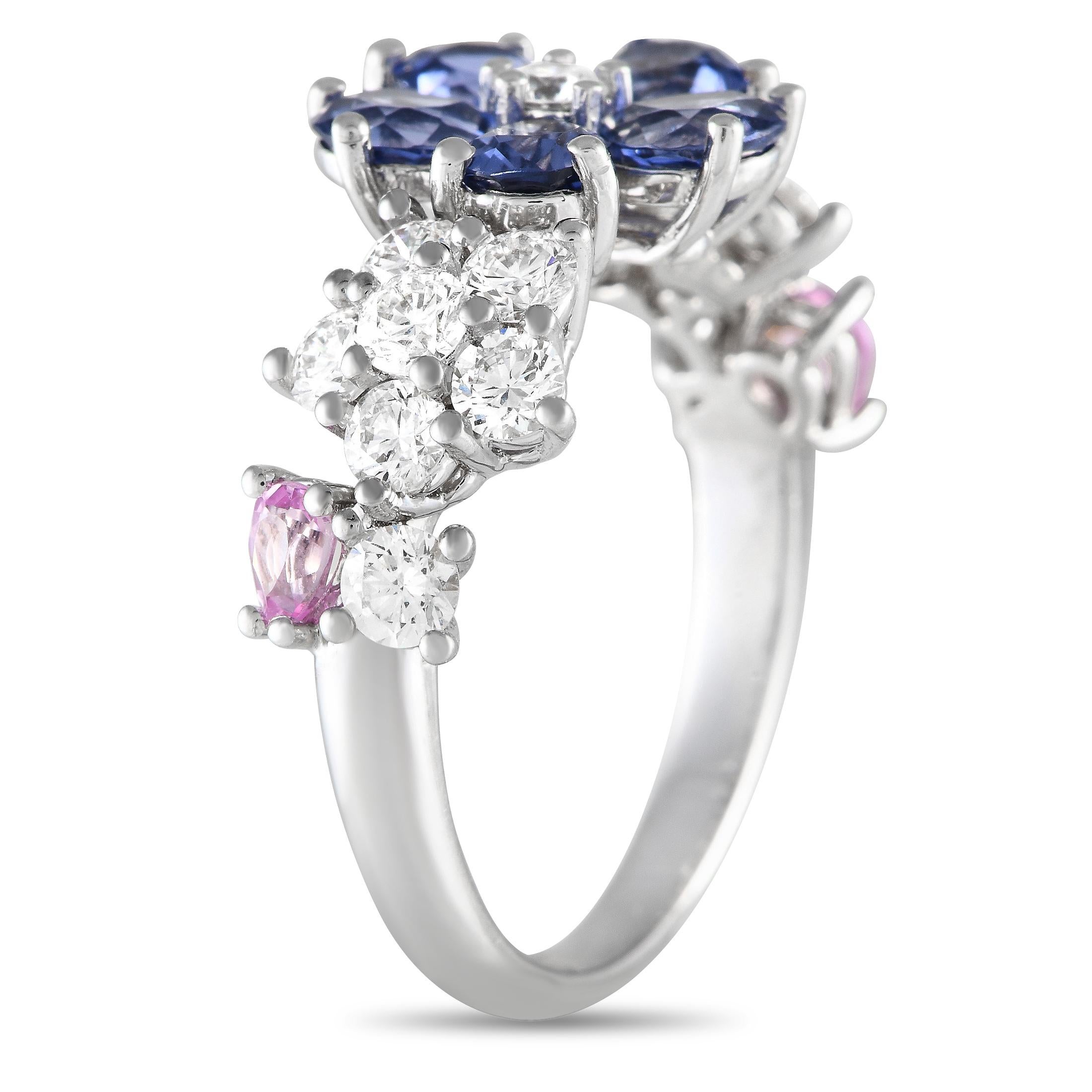 Like all pieces from the Van Cleef & Arpels Folie des Pre's collection, this radiant ring celebrates the beauty of wildflowers. Colorful Sapphires totaling 2.72 carats make the floral motifs incredibly breathtaking. Diamonds with a total weight of