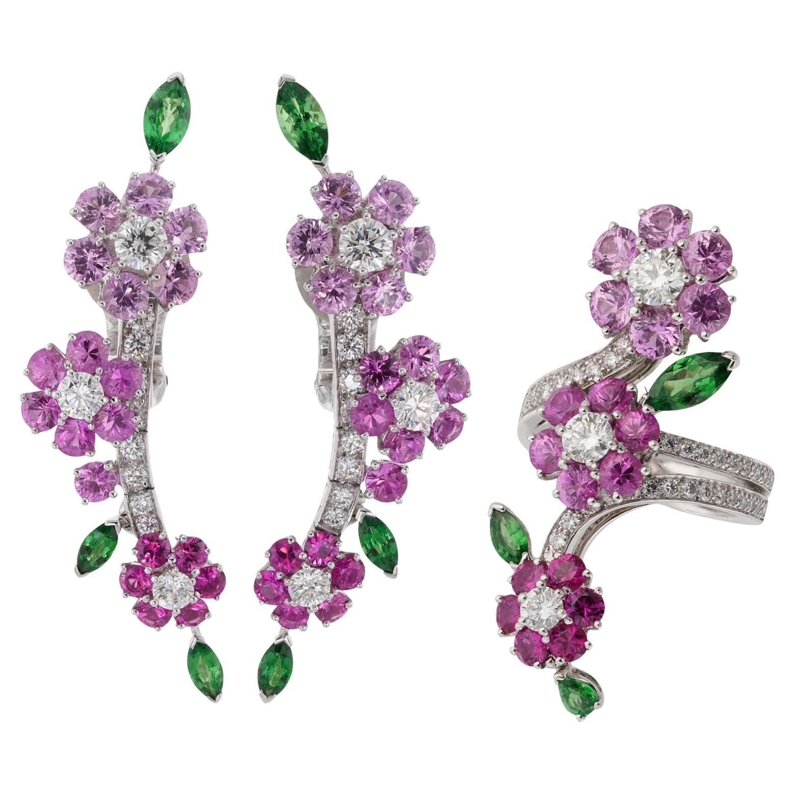 VAN CLEEF & ARPELS Folie des Pres Broderie Diamond Gold Earrings & Ring Set