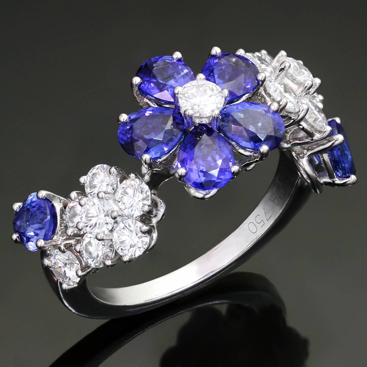 Celebrate the beauty of wildflowers with this fabulous ring from the elegant Folie des Prés High Jewelry collection by Van Cleef & Arpels. The ring is crafted in 18k white gold and set with 7 blue sapphires of an estimated 2.71 carats and 15