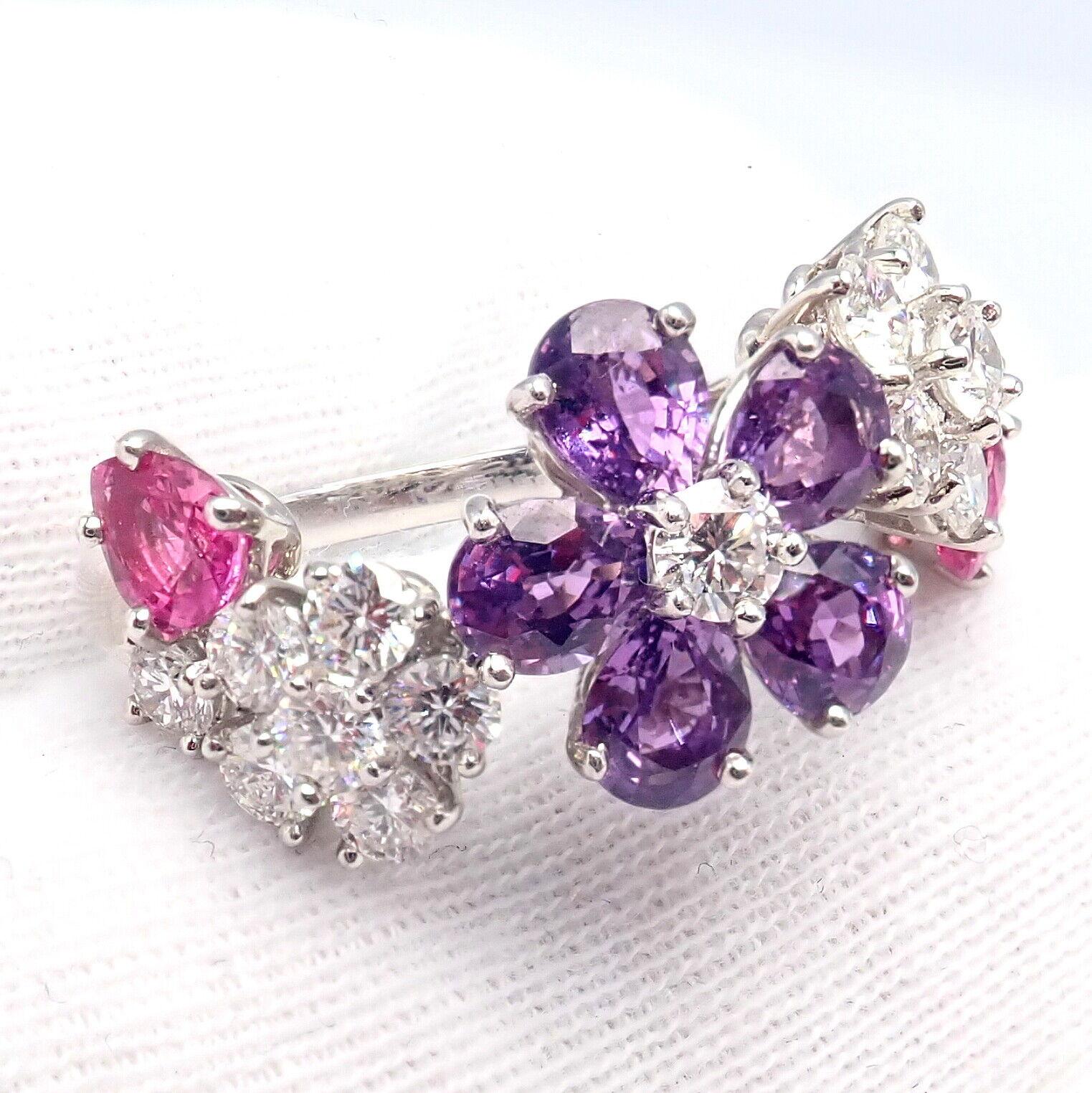 Van Cleef & Arpels Folie des Pres Diamond Color Sapphire Flower White Gold Ring For Sale 4