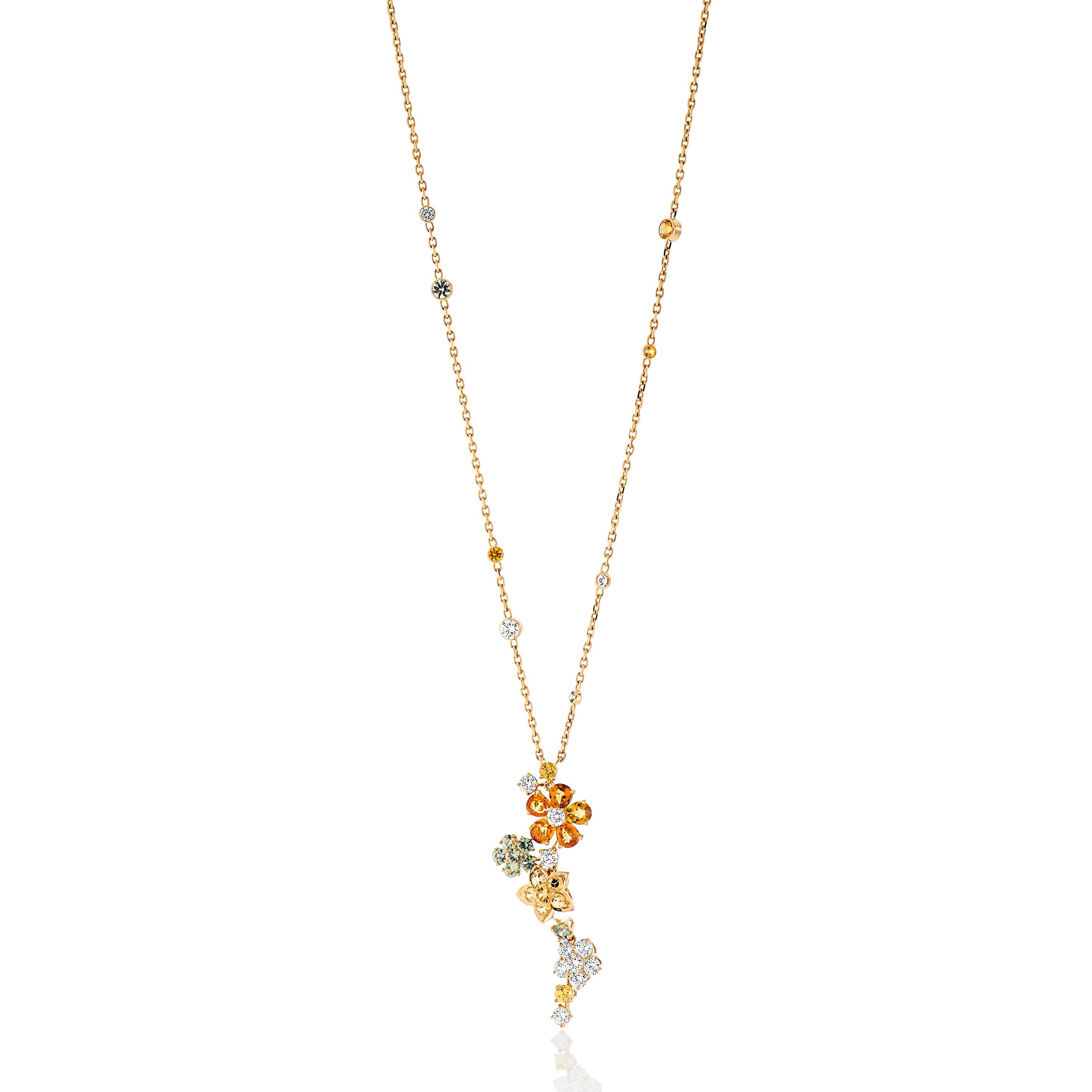 Van CLeef & Arpels Folie Des Pres diamond & multi-color sapphire flower necklace in 18k yellow gold.

This VCA necklace features 1.34 carats of round brilliant cut diamonds and 4.60 carats of orange, yellow & green sapphires set in flower patterns