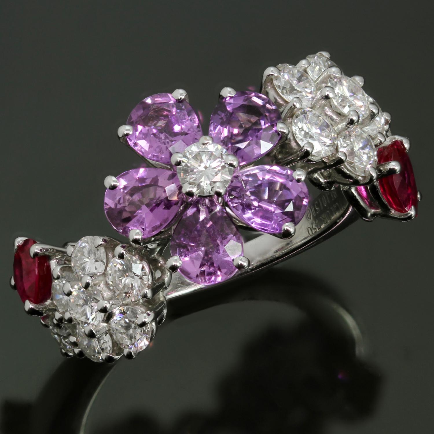 Celebrate the beauty of wildflowers with this fabulous ring from the elegant Folie des Prés High Jewelry collection by Van Cleef & Arpels. The ring is crafted in 18k white gold and set with 7 pink and mauve sapphires of an estimated 2.72 carats and