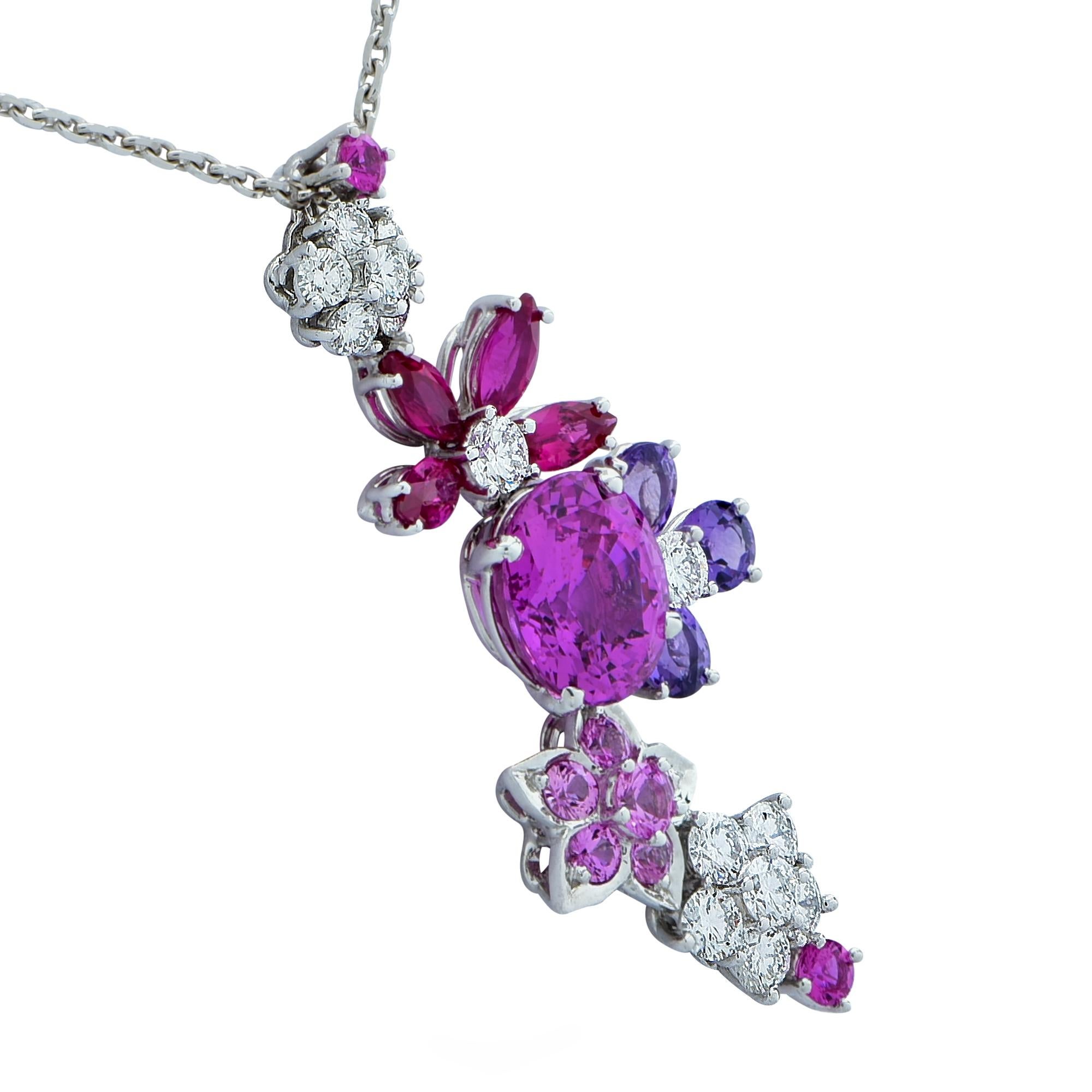 From the House of Van Cleef & Arpels, this exquisite Folie des Pres High Jewelry Collection White Gold, Diamond and Sapphire necklace, finely handmade in 18 Karat White Gold, showcases an oval AGL certified no heat pink sapphire accented by diamonds