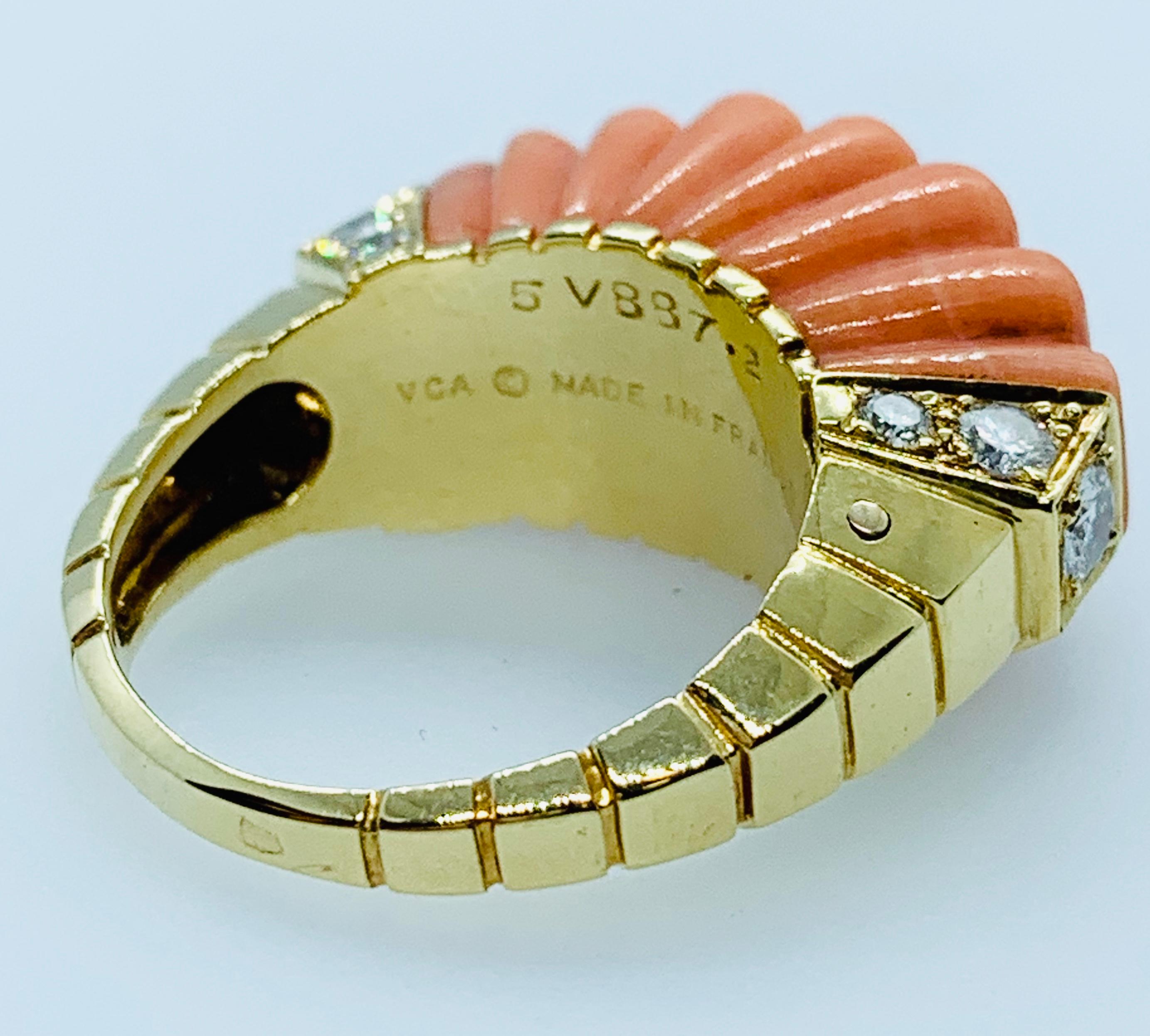 Van Cleef & Arpels France 18 Karat Yellow Gold Coral and Diamond Ladies Ring 3
