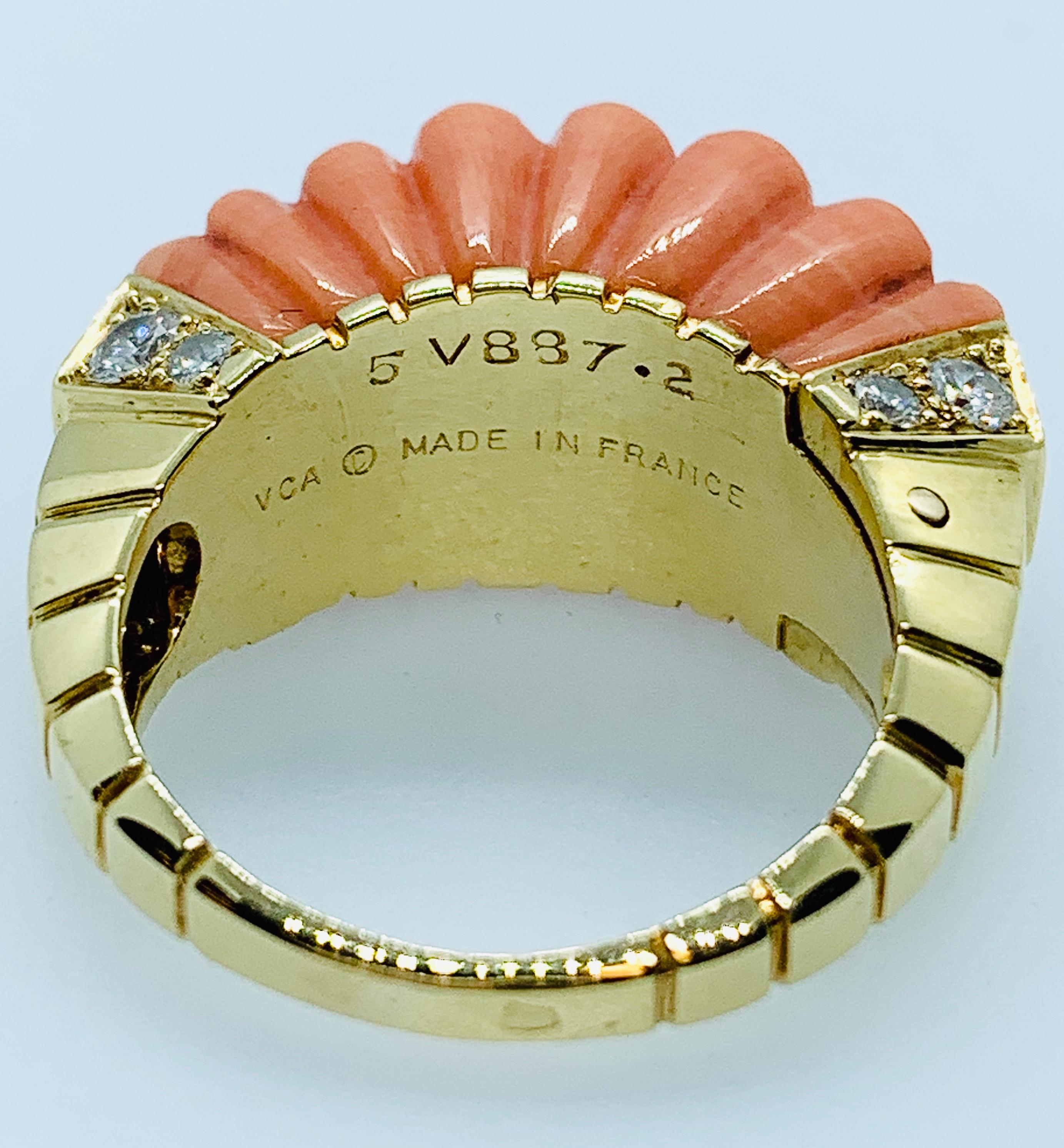 Van Cleef & Arpels France 18 Karat Yellow Gold Coral and Diamond Ladies Ring 4