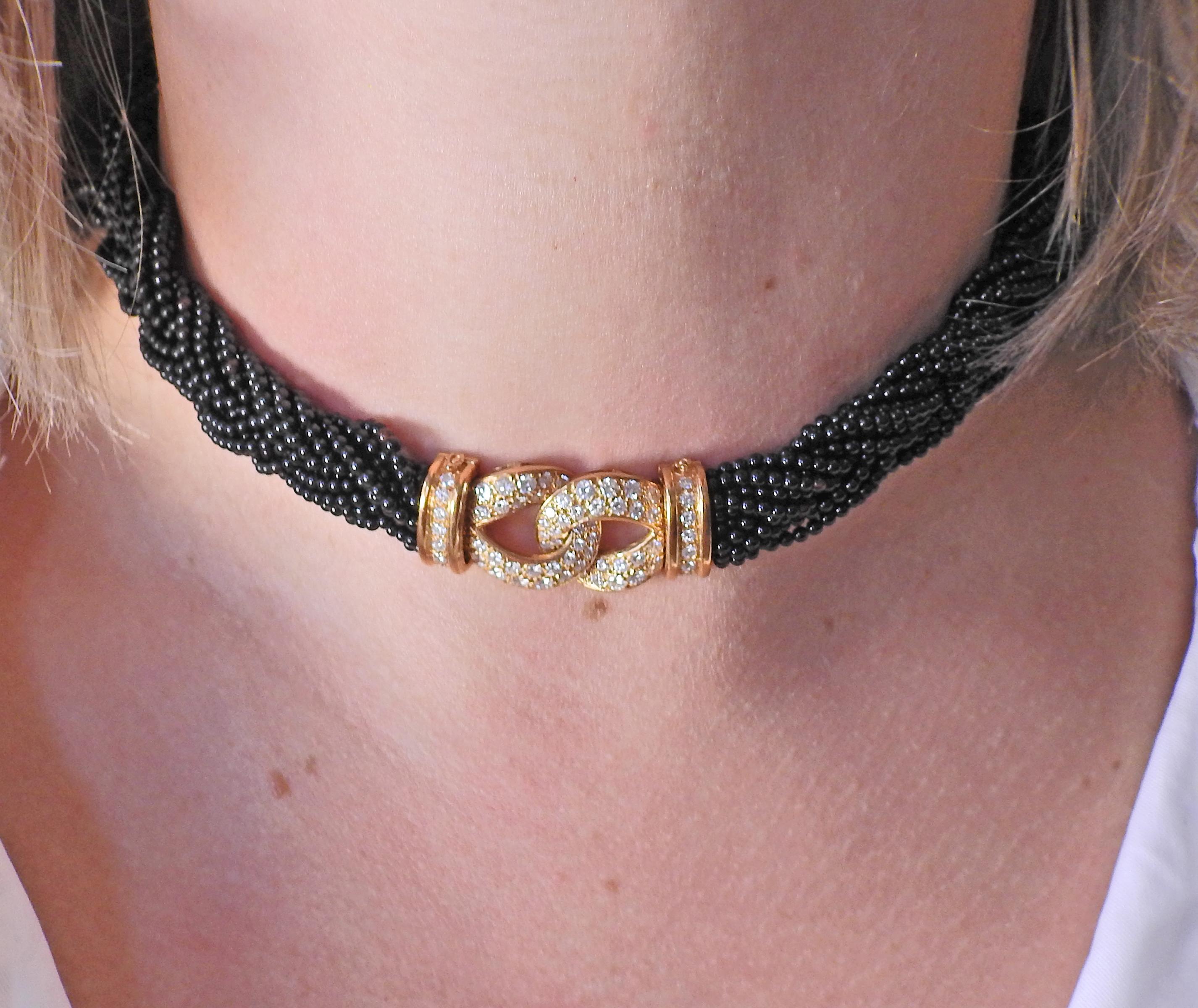 Van Cleef & Arpels France 1980s Onyx Diamond Gold Braided Necklace In Excellent Condition In Lambertville, NJ