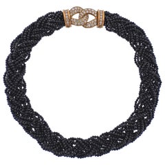 Van Cleef & Arpels France 1980s Onyx Diamond Gold Braided Necklace