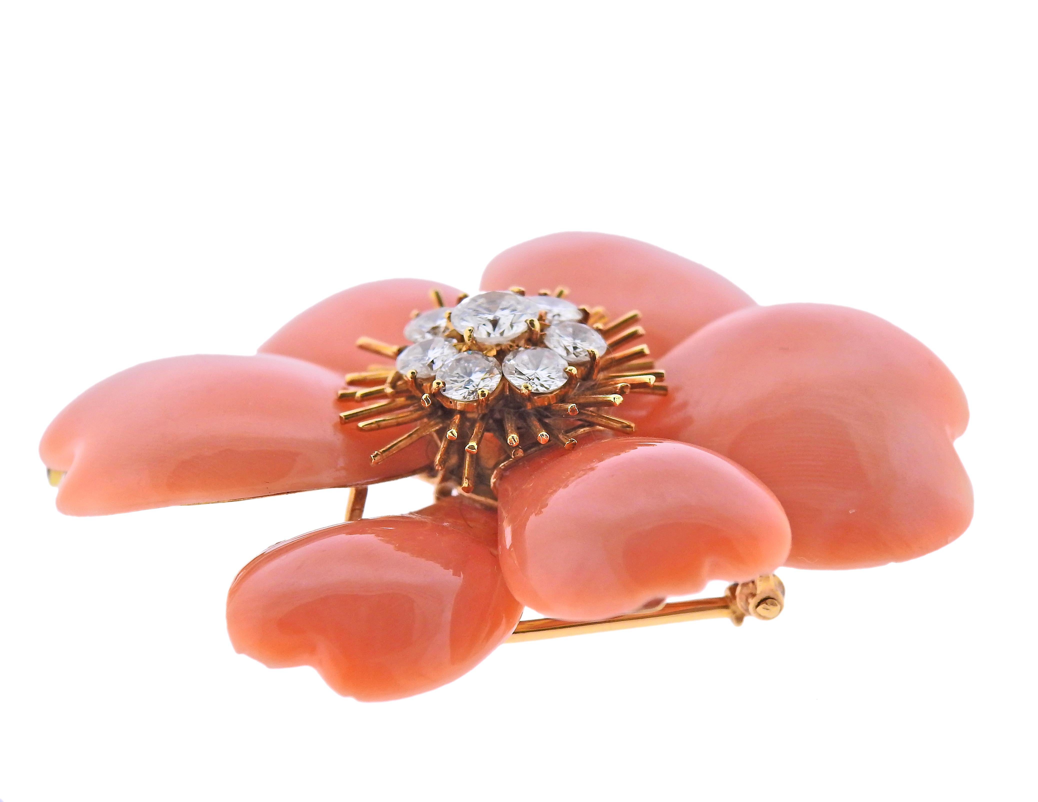 Van Cleef & Arpels France Coral Diamond Gold Flower Brooch Pin In Excellent Condition In New York, NY