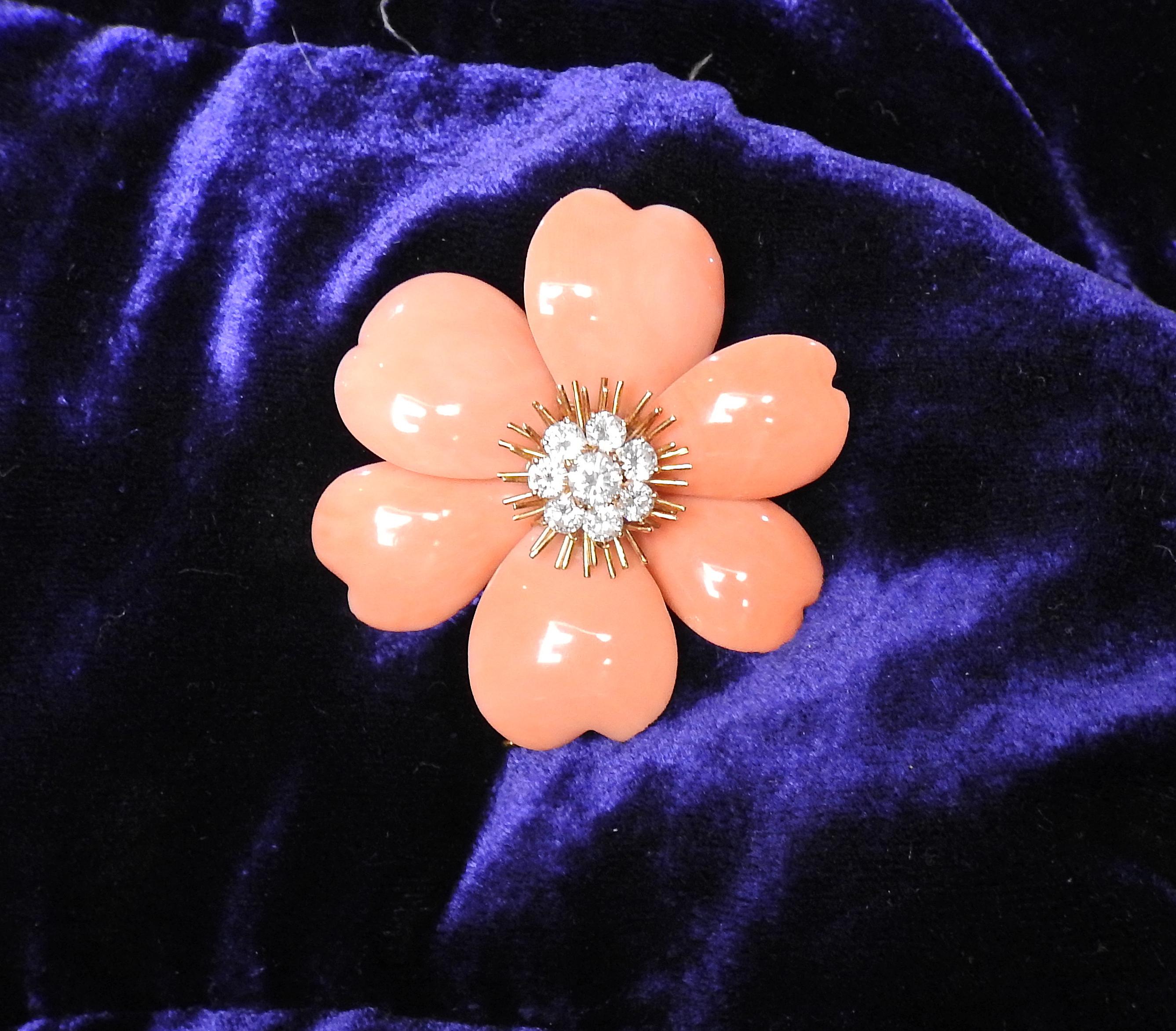 Women's Van Cleef & Arpels France Coral Diamond Gold Flower Brooch Pin