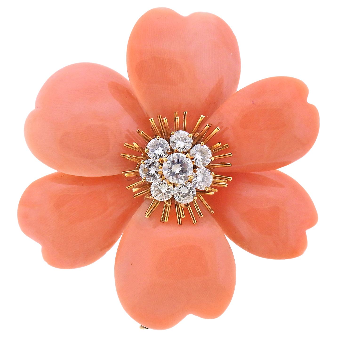 Van Cleef & Arpels France Coral Diamond Gold Flower Brooch Pin