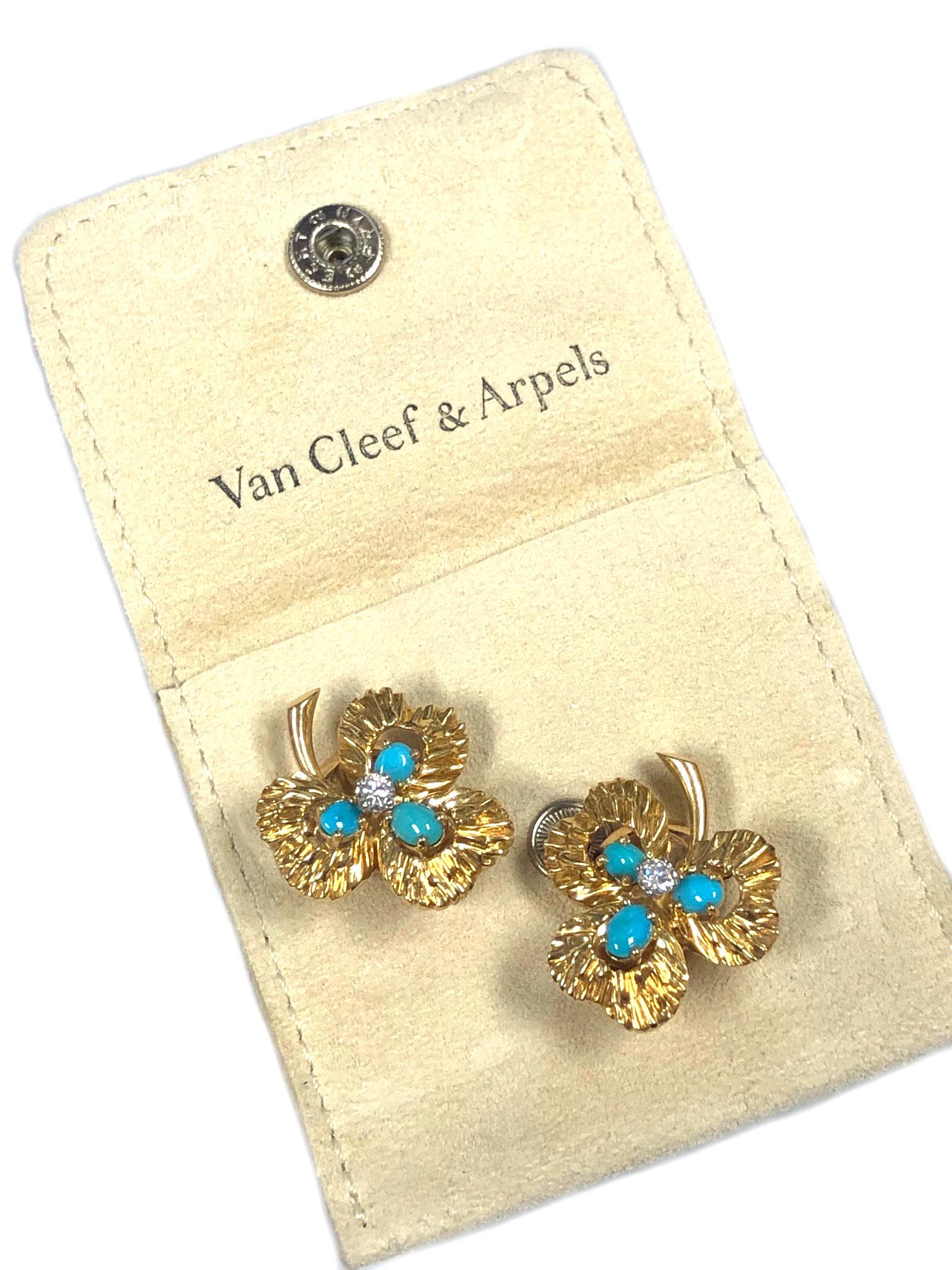 Van Cleef & Arpels France Gold Diamond and Turquoise Clover Leaf Earrings 1