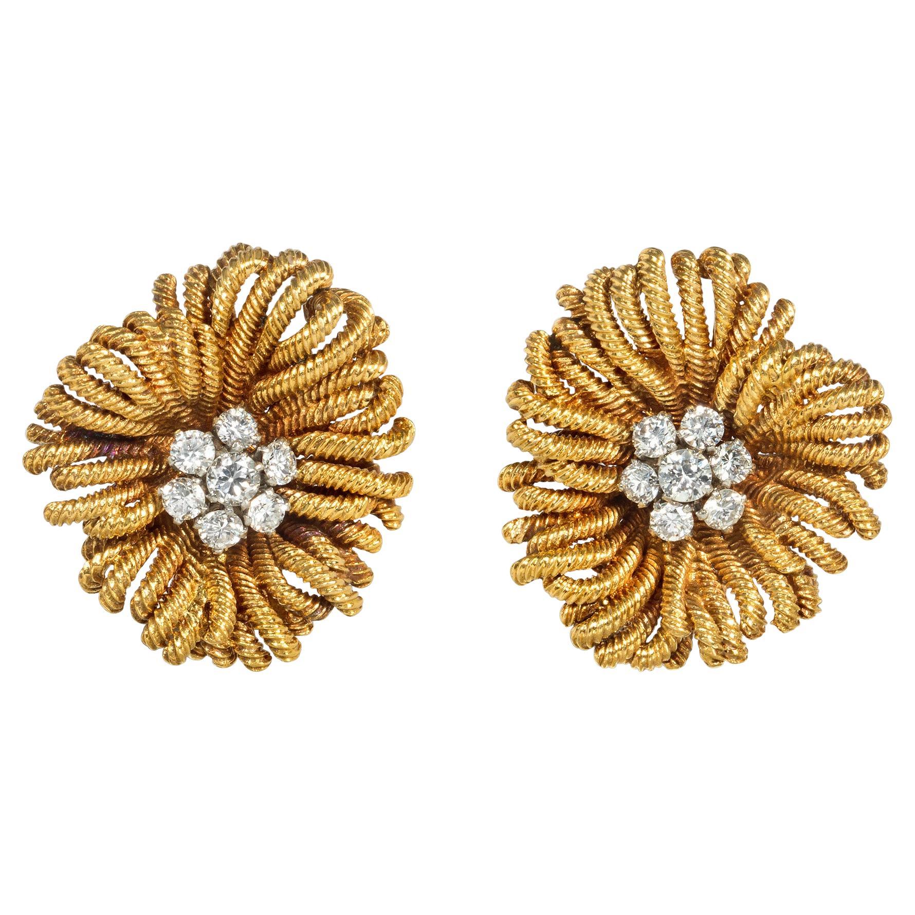 Van Cleef & Arpels, France Mid-Century Gold and Diamond Flower Clip Earrings
