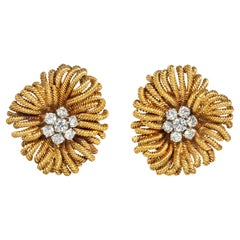 Van Cleef & Arpels, France Mid-Century Gold and Diamond Flower Clip Earrings