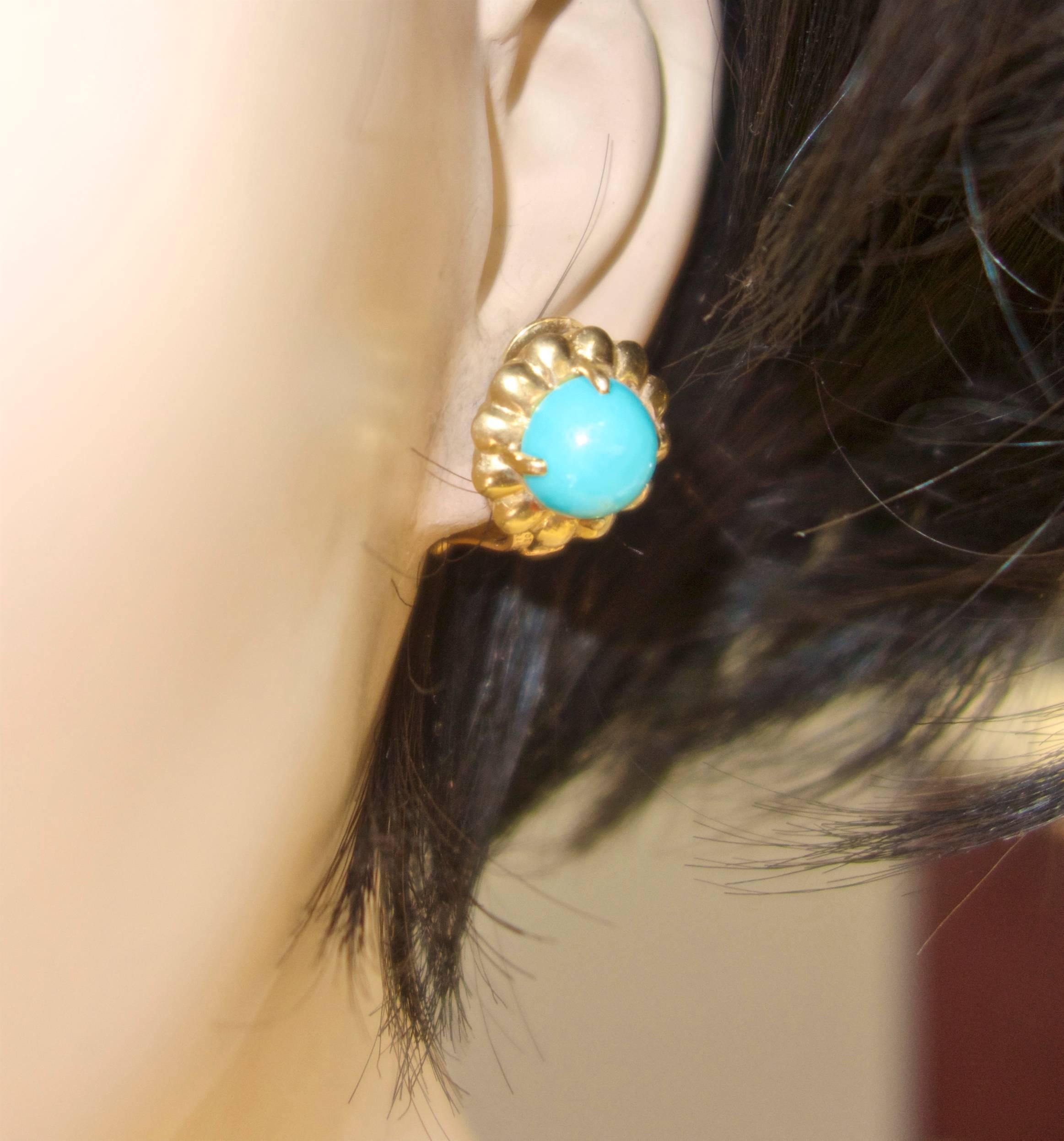 Women's or Men's Van Cleef & Arpels France Persian Turquoise Gold Earrings