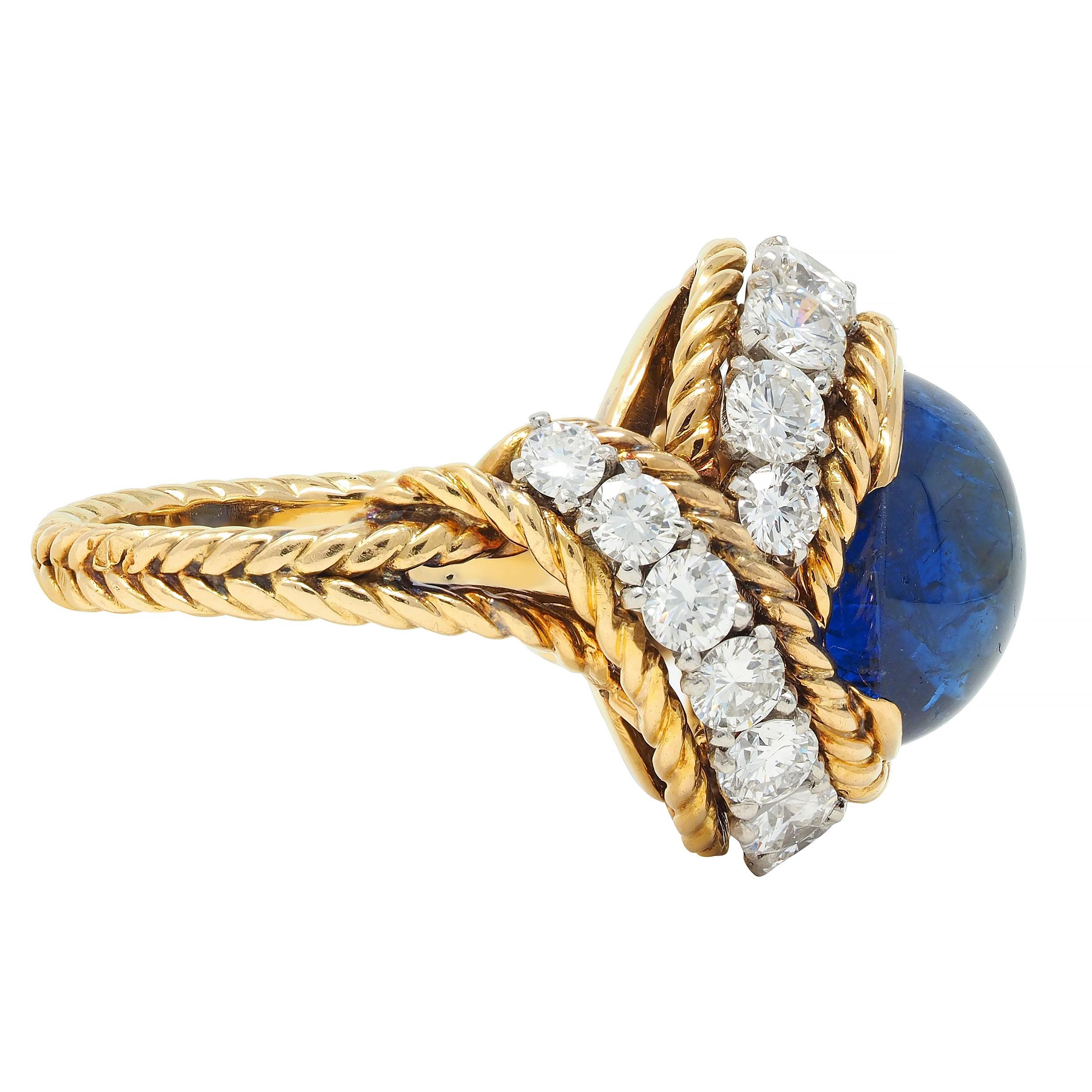 Cabochon Van Cleef & Arpels French 11.40 CTW Sapphire Diamond Platinum 18 Karat Gold Ring For Sale