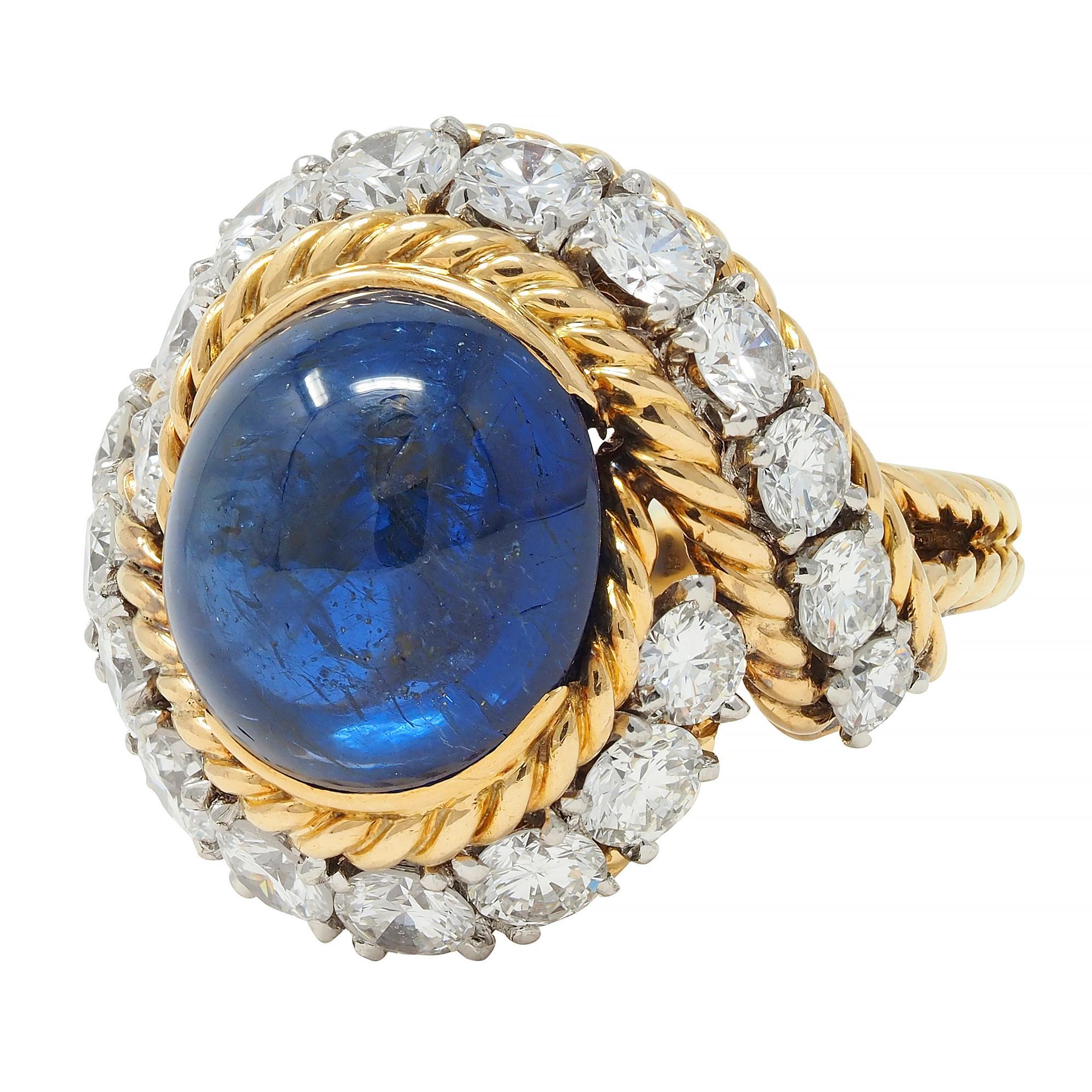 Van Cleef & Arpels French 11.40 CTW Sapphire Diamond Platinum 18 Karat Gold Ring For Sale 1