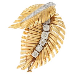 Van Cleef & Arpels French 1950's Diamond Platinum 18K Gold Vintage Leaf Brooch
