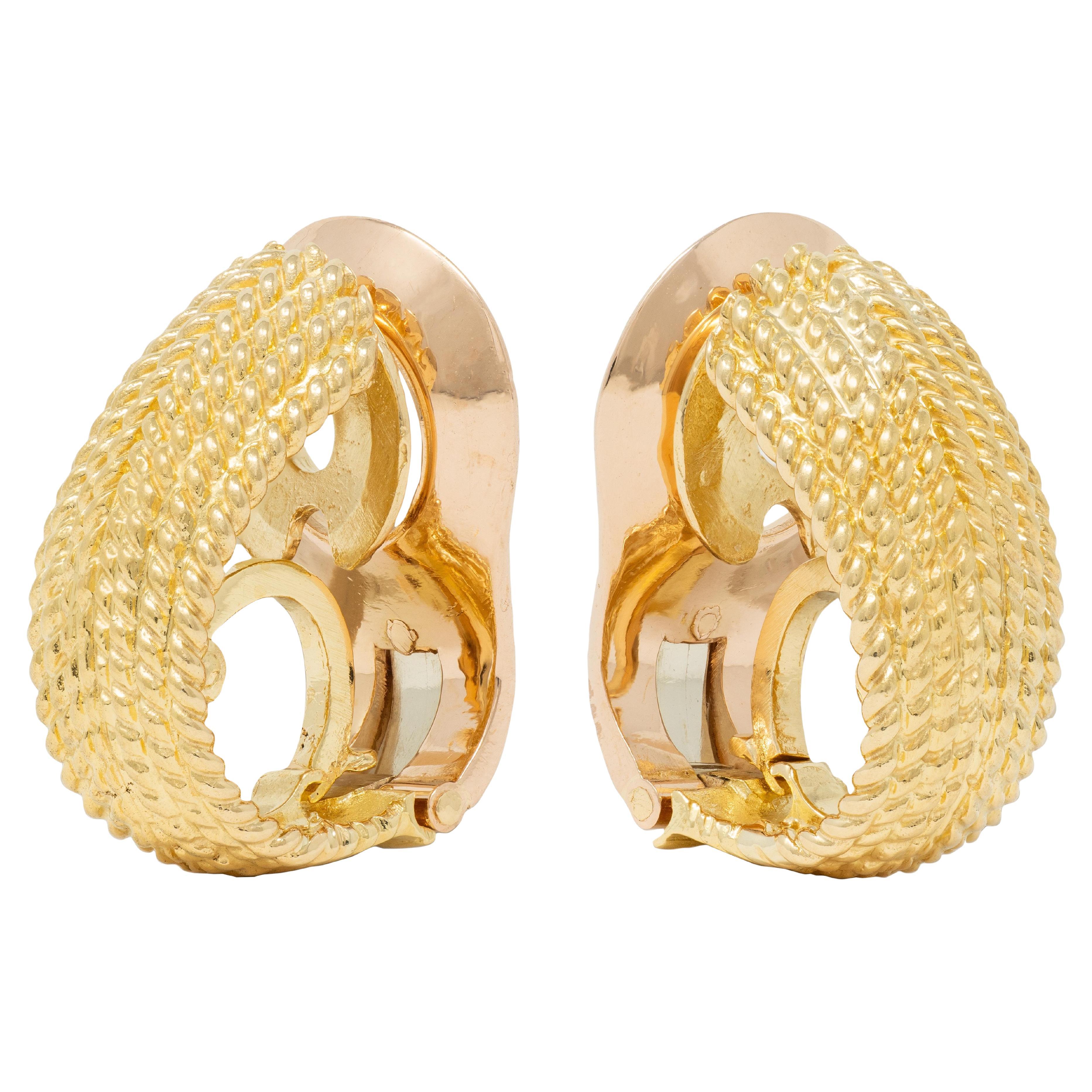 Van Cleef 
Arpels French 1960
s 18K Gold Twisted Rope J-Hoop Ear-Clip Earrings