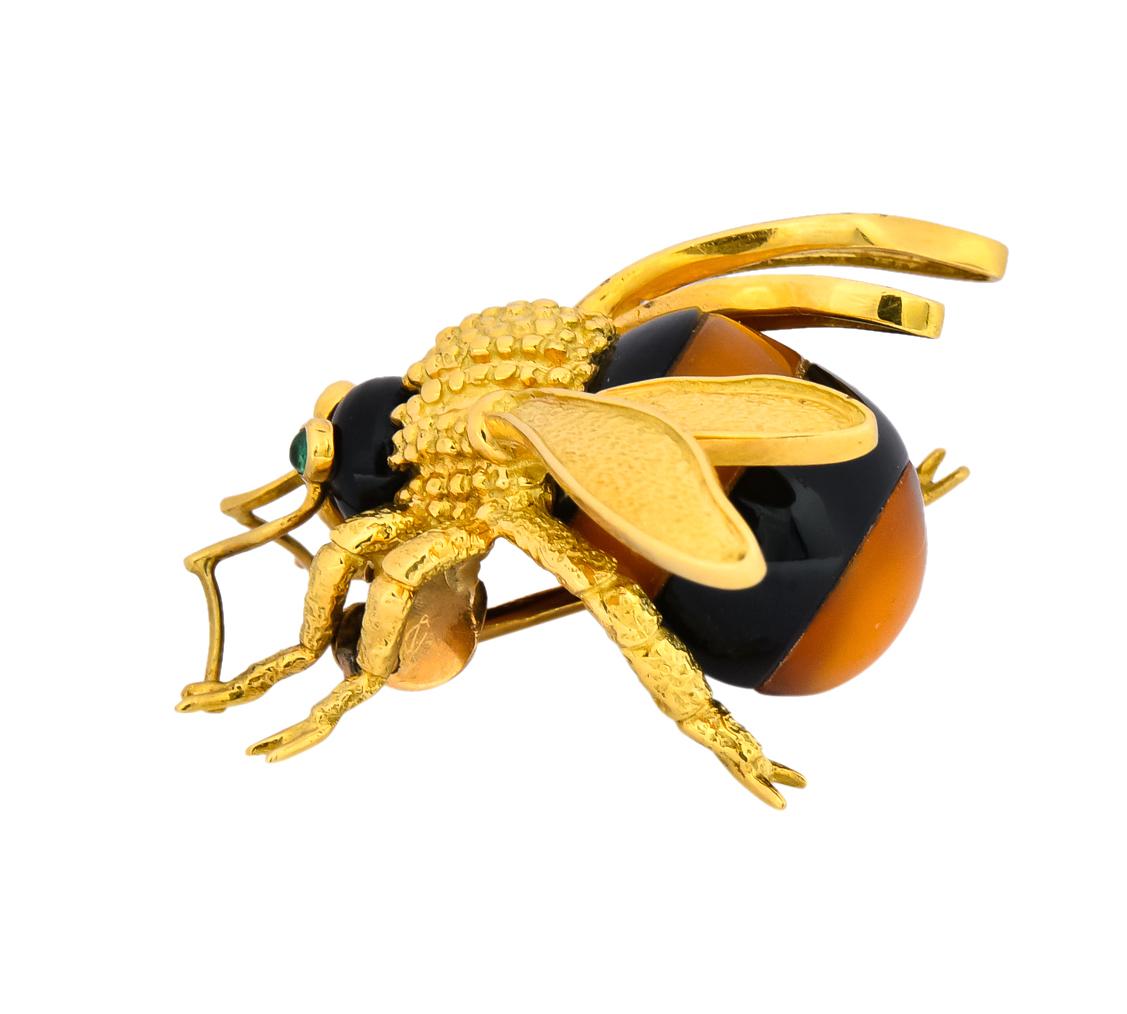 Van Cleef & Arpels French 1970s Onyx Amber Chrysoprase 18 Karat Gold Bee Bug Pin 1