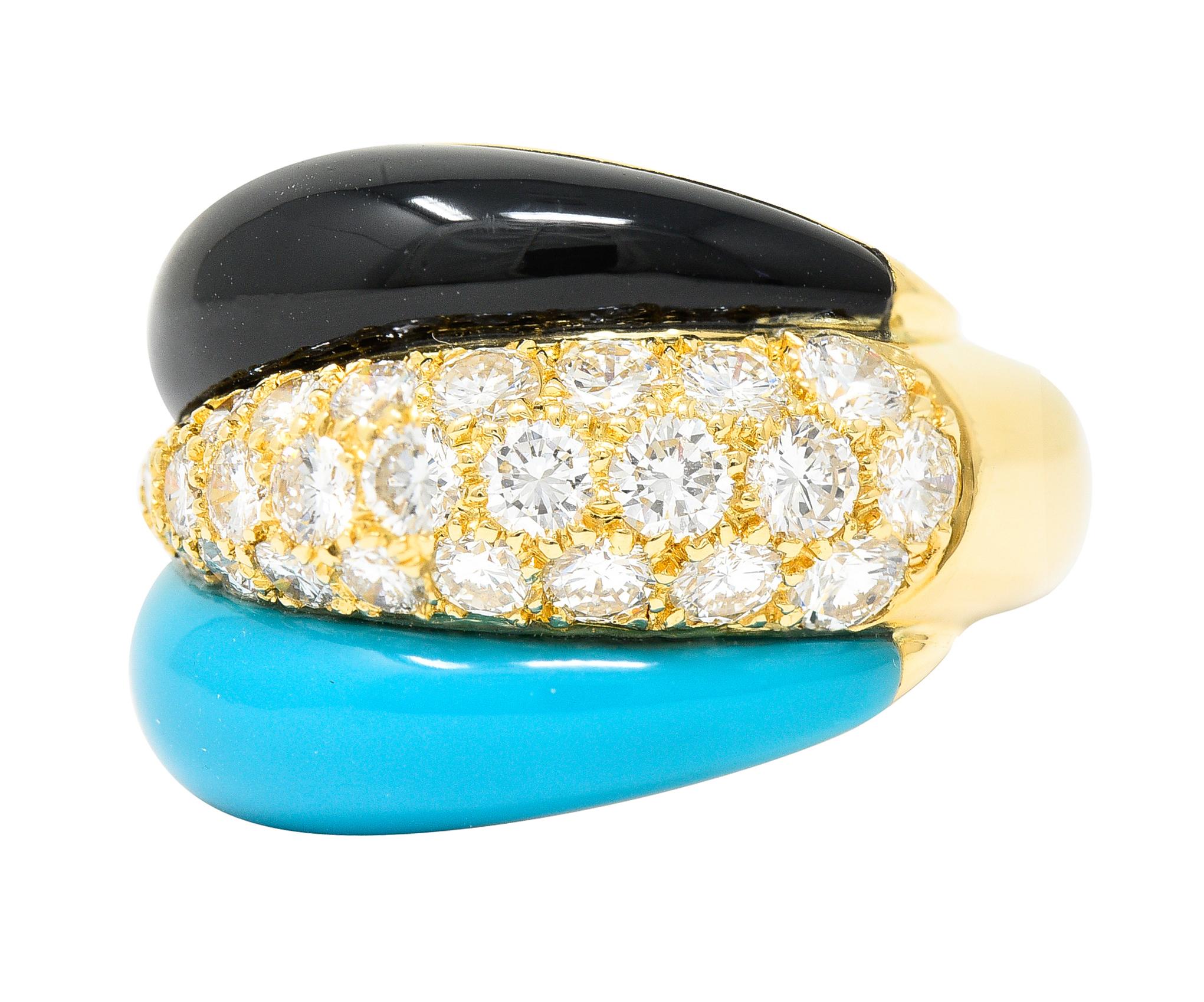 Van Cleef & Arpels French 1980's Diamond Turquoise Onyx 18 Kt Yellow Gold Ring In Excellent Condition In Philadelphia, PA
