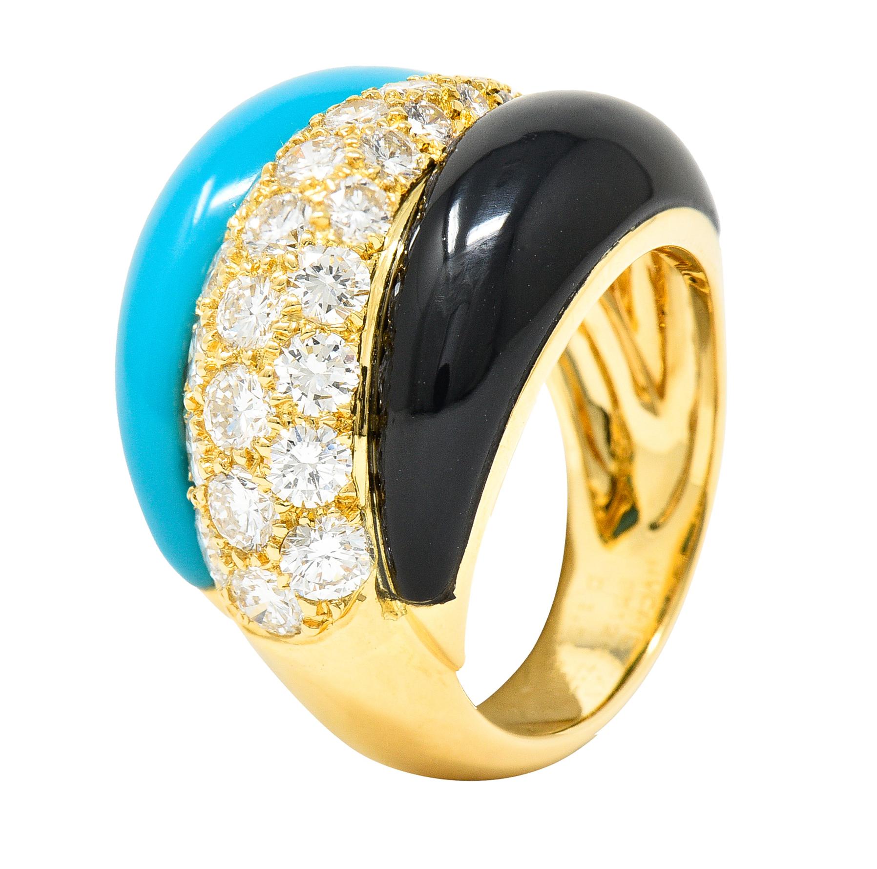 Van Cleef & Arpels French 1980's Diamond Turquoise Onyx 18 Kt Yellow Gold Ring 2