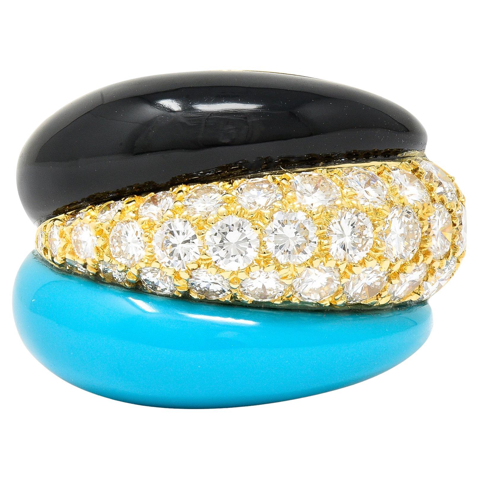 Van Cleef & Arpels French 1980's Diamond Turquoise Onyx 18 Kt Yellow Gold Ring