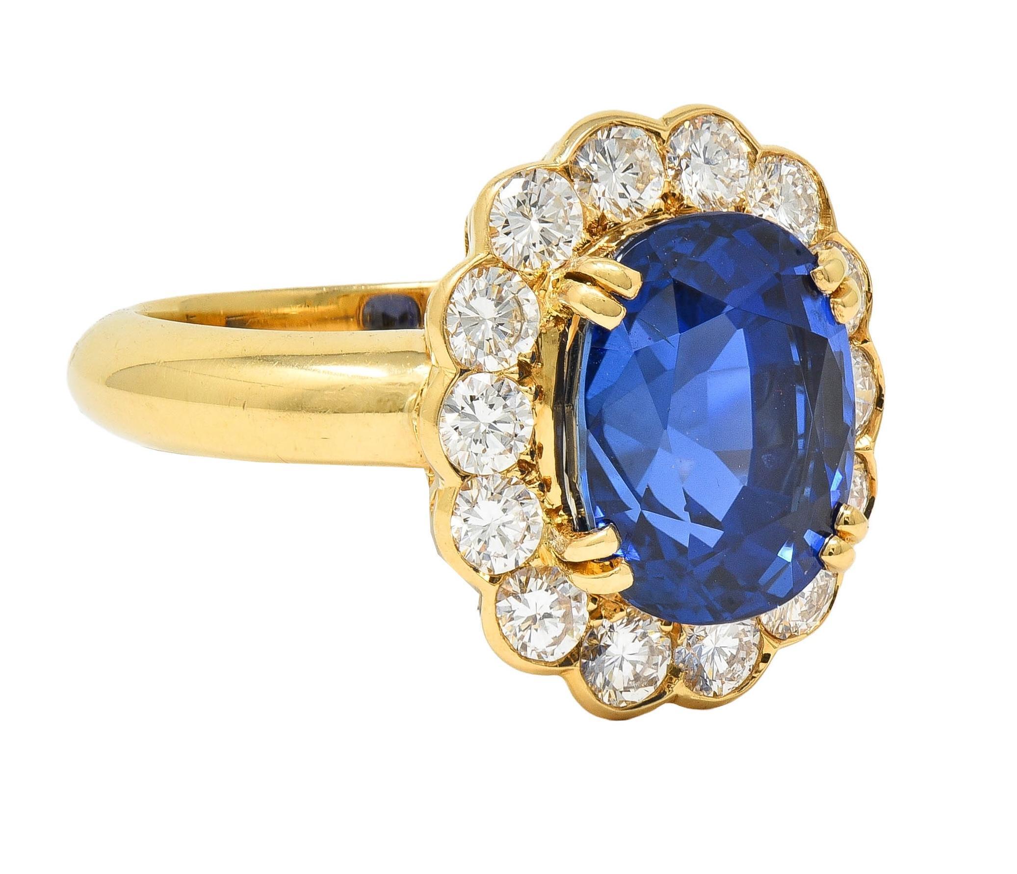 Round Cut Van Cleef & Arpels French 7.05 CTW No Heat Burma Sapphire Diamond 18K Gold Ring For Sale