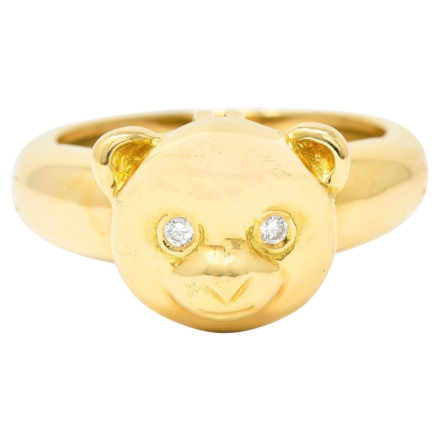 Van Cleef & Arpels French Diamond 18 Karat Gold Teddy Bear Pendant Vintage Ring