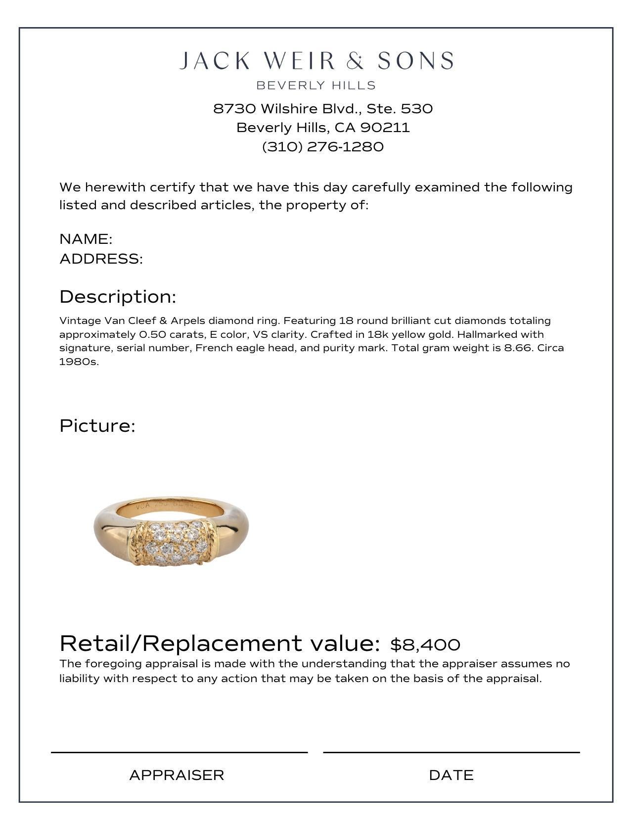 Van Cleef & Arpels, bague « Philippe » en or jaune 18 carats avec diamants français Excellent état à Beverly Hills, CA