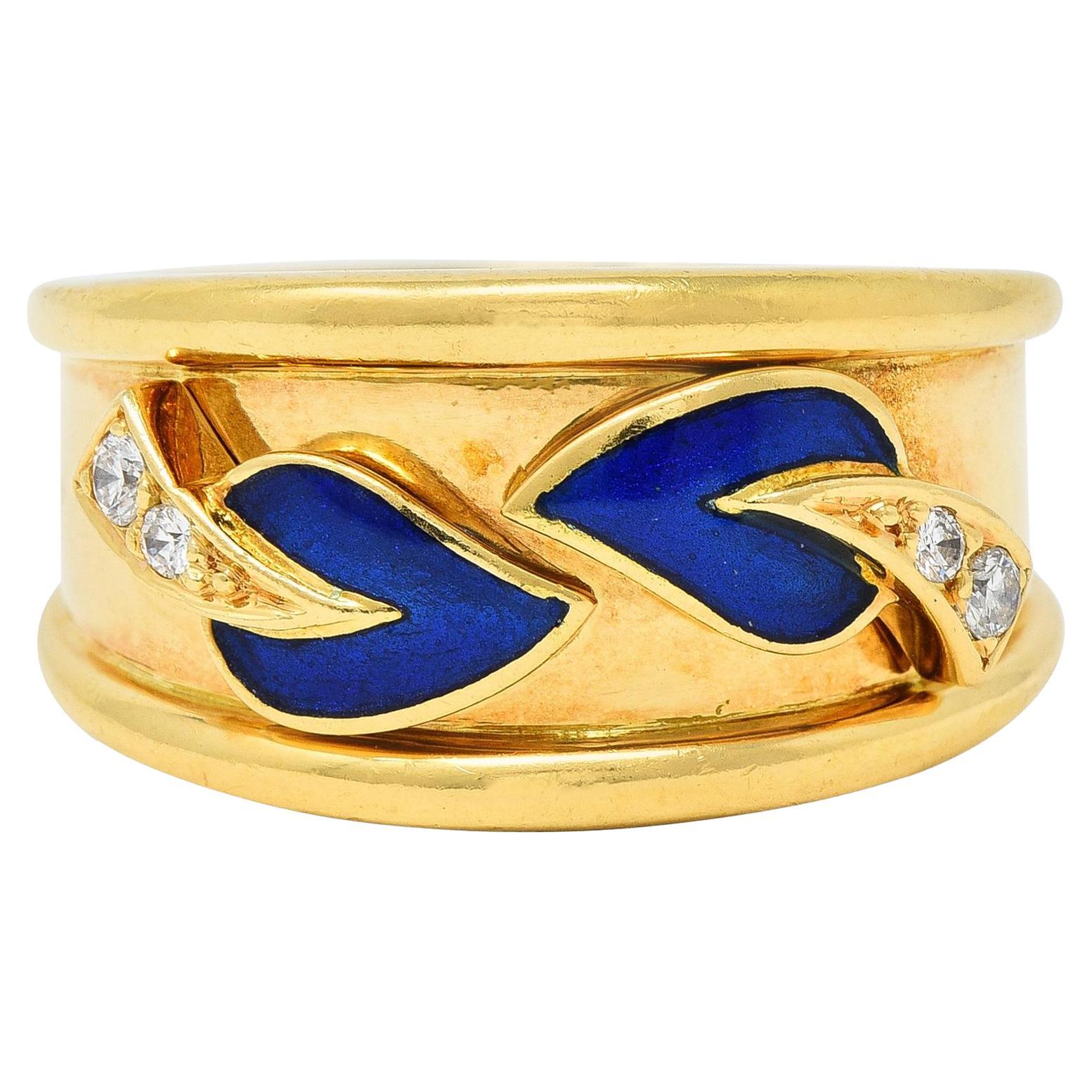 Van Cleef & Arpels French Diamond Enamel 18 Karat Yellow Gold Band Ring