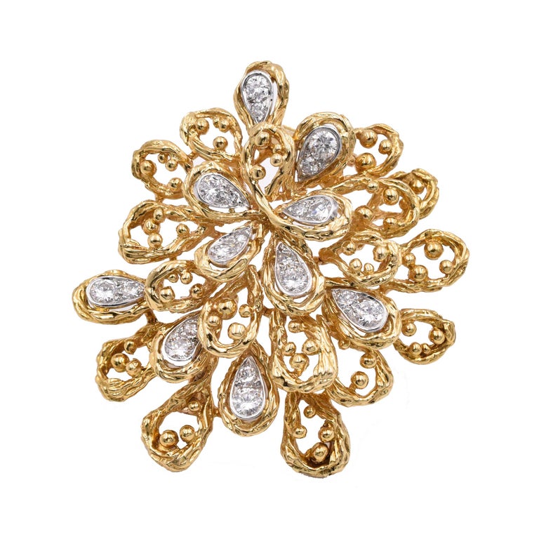 Van Cleef and Arpels French Diamond Gold Brooch For Sale at 1stDibs