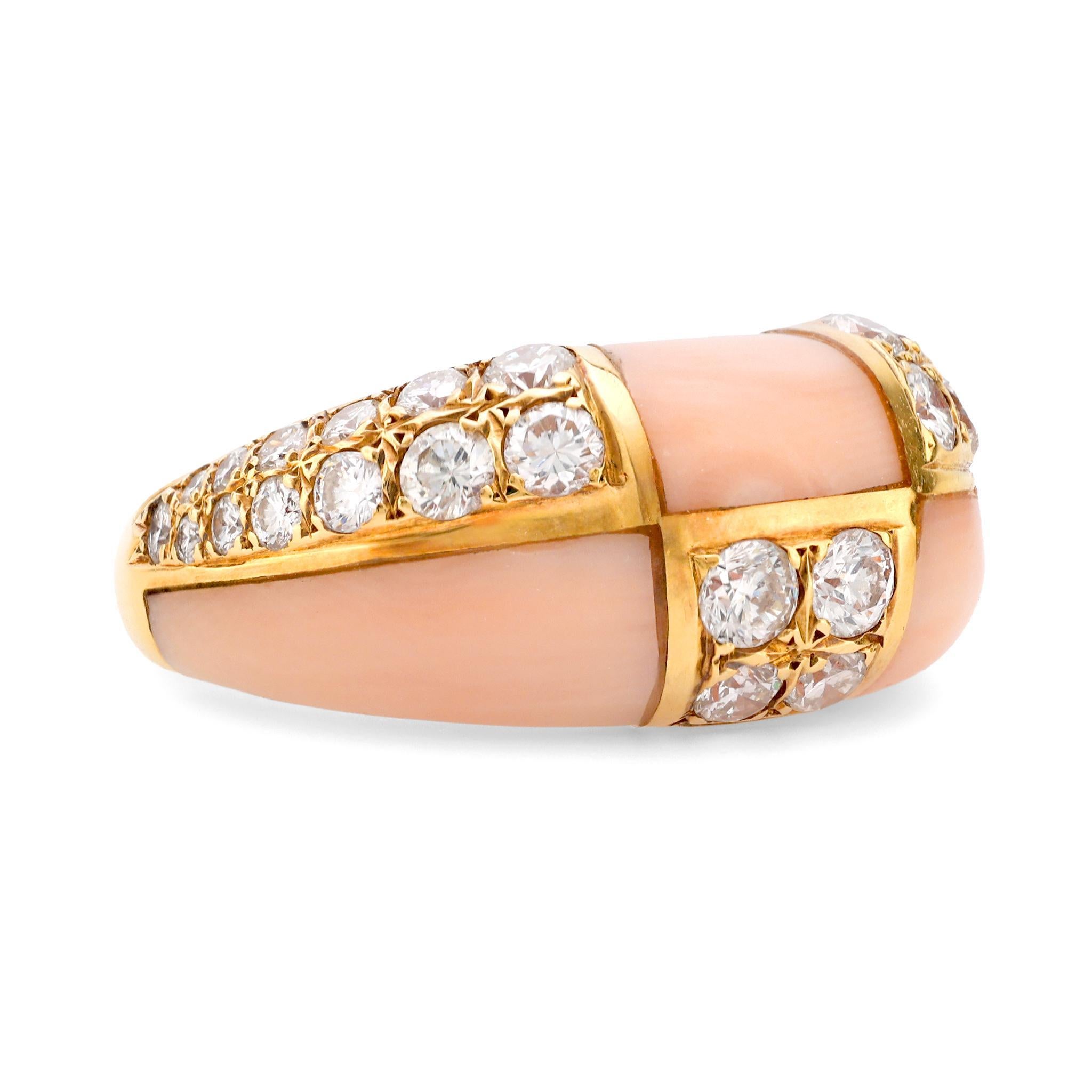 Modern Van Cleef & Arpels French diamond pink coral 18k yellow gold ring