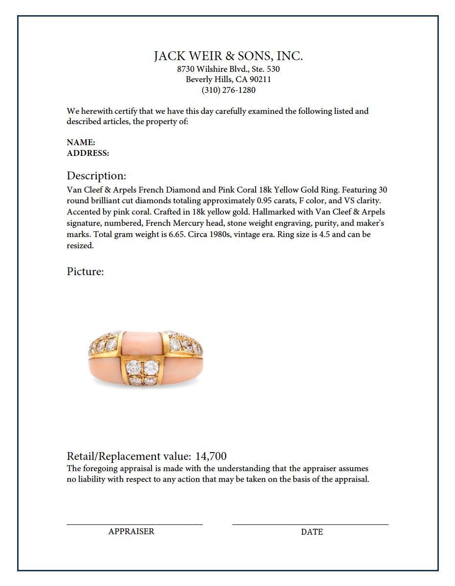 Van Cleef & Arpels French diamond pink coral 18k yellow gold ring In Excellent Condition In Beverly Hills, CA