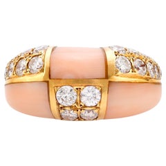Van Cleef & Arpels French diamond pink coral 18k yellow gold ring