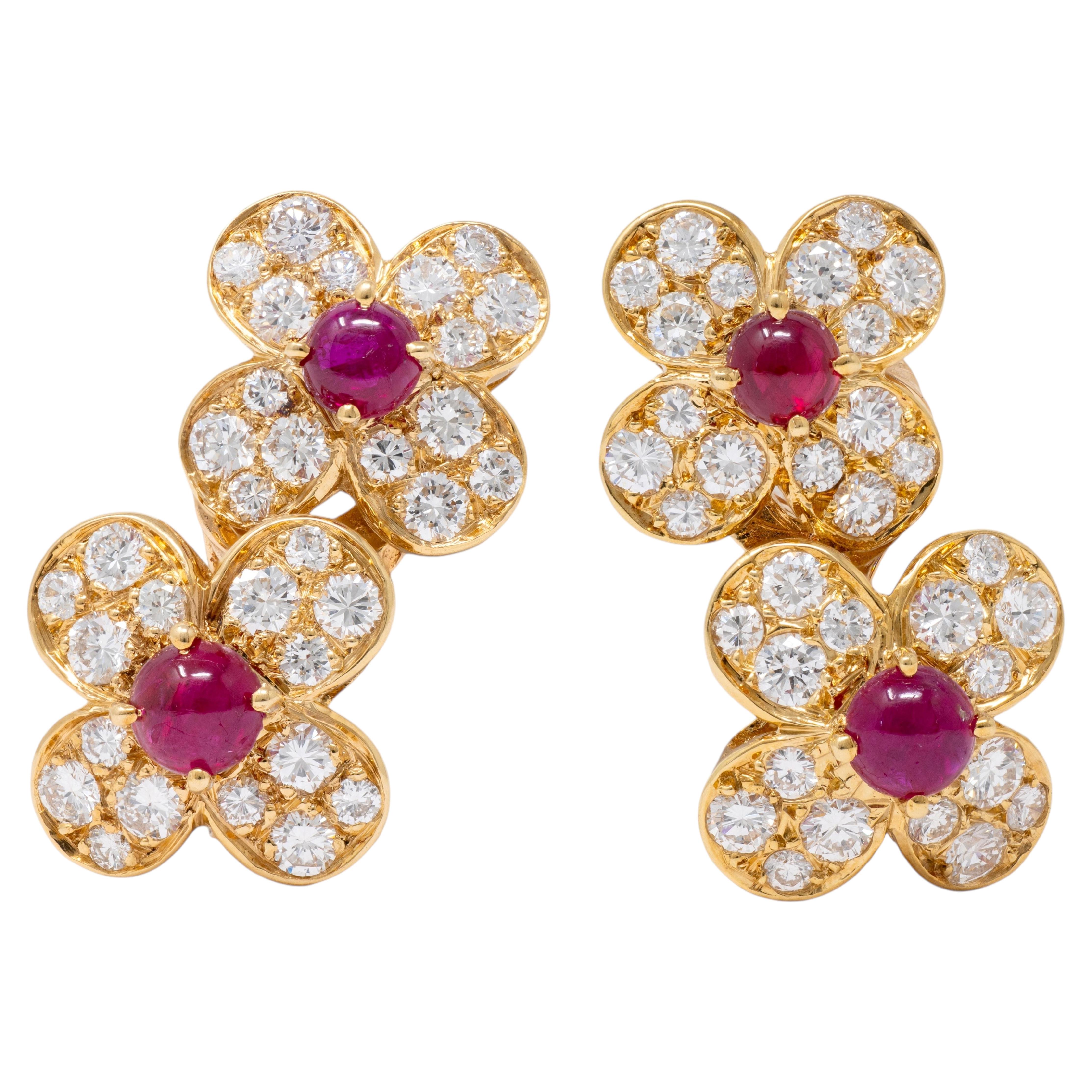 Van Cleef & Arpels French Diamond Ruby 18K Gold Vintage Trefle Ear-Clip Earrings