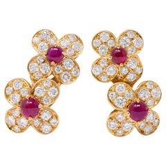 Van Cleef & Arpels French Diamond Ruby 18K Gold Vintage Trefle Ear-Clip Earrings
