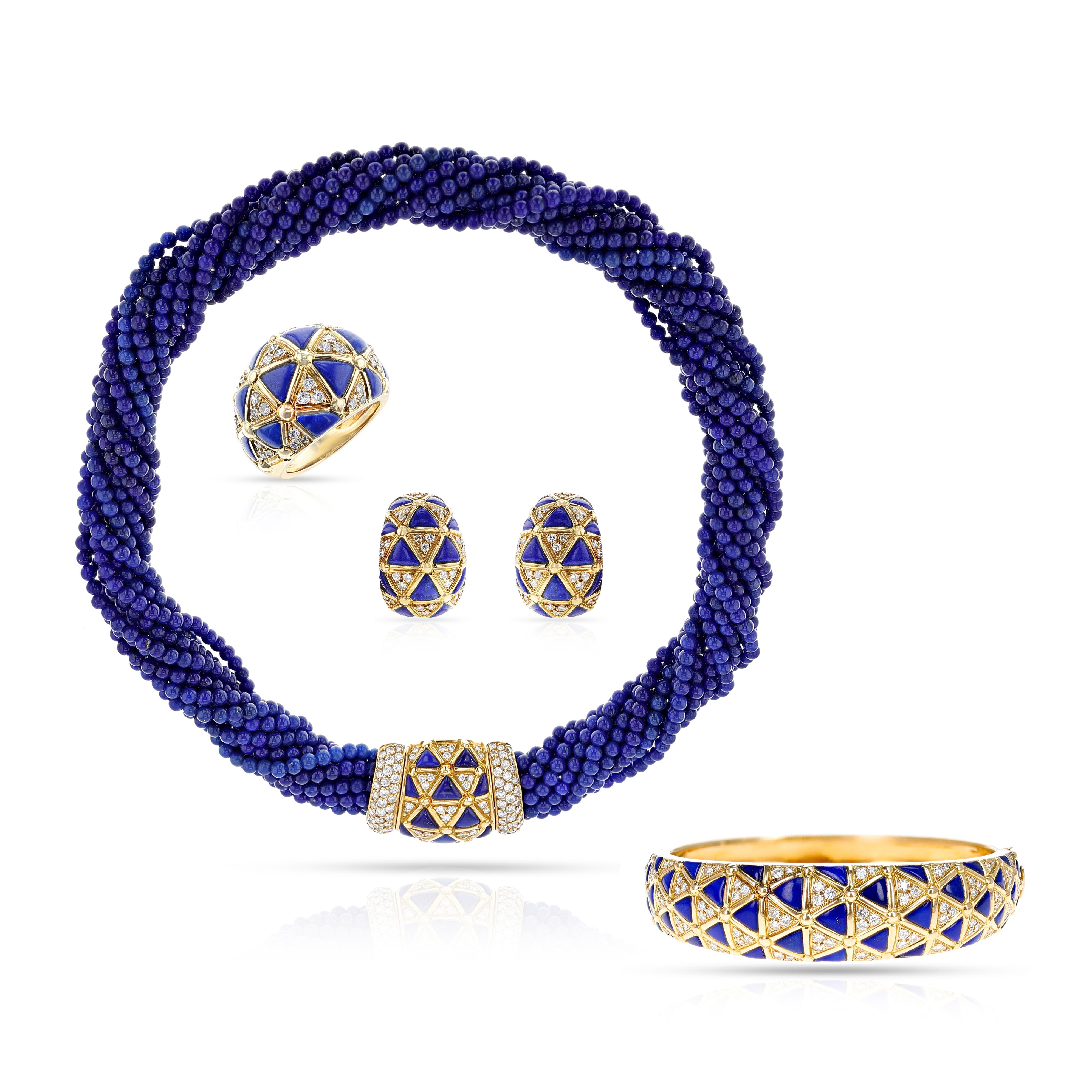 Round Cut Van Cleef & Arpels French Lapis Lazuli & Diamond Necklace, Earring, Ring, Bangle