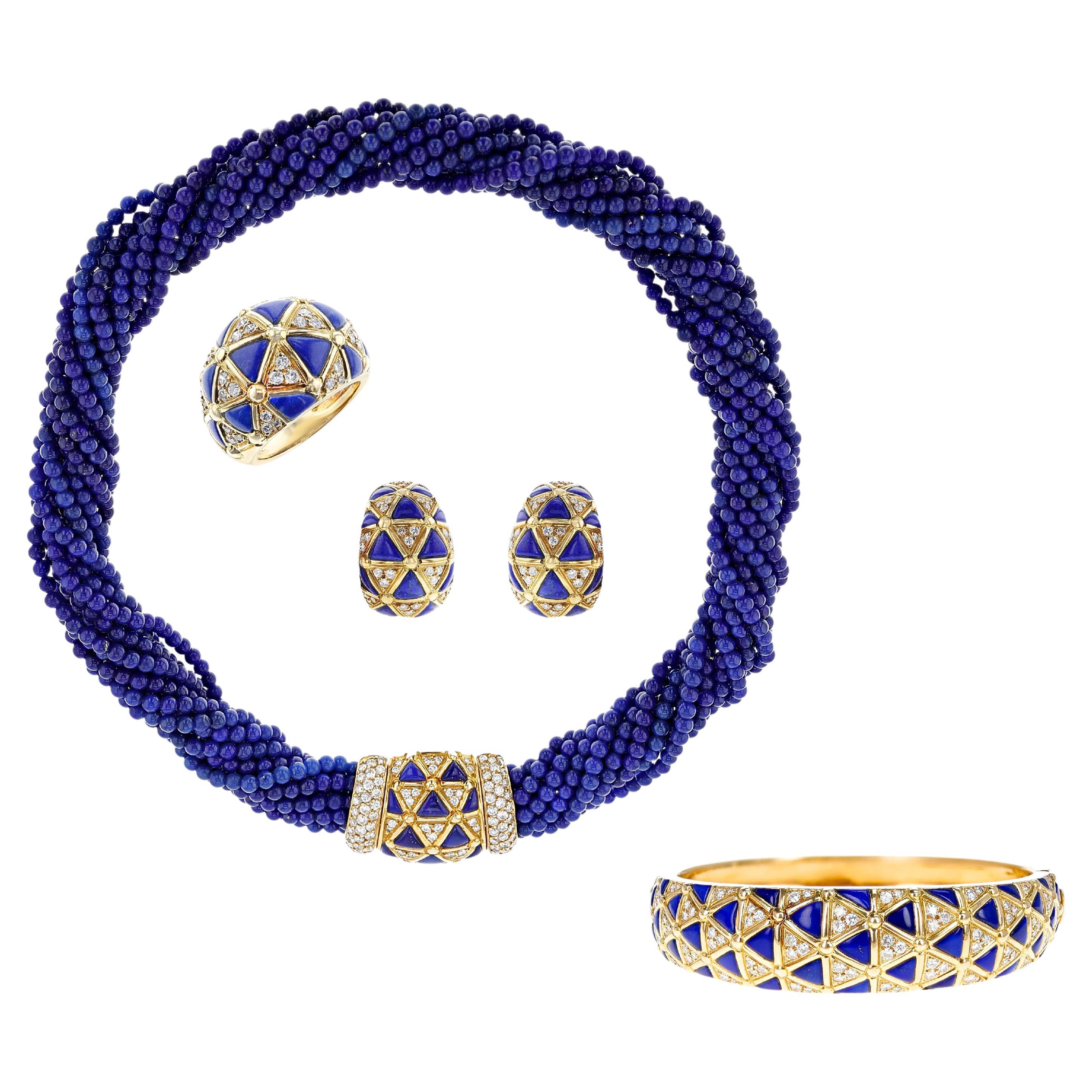 Van Cleef & Arpels French Lapis Lazuli & Diamond Necklace, Earring, Ring, Bangle