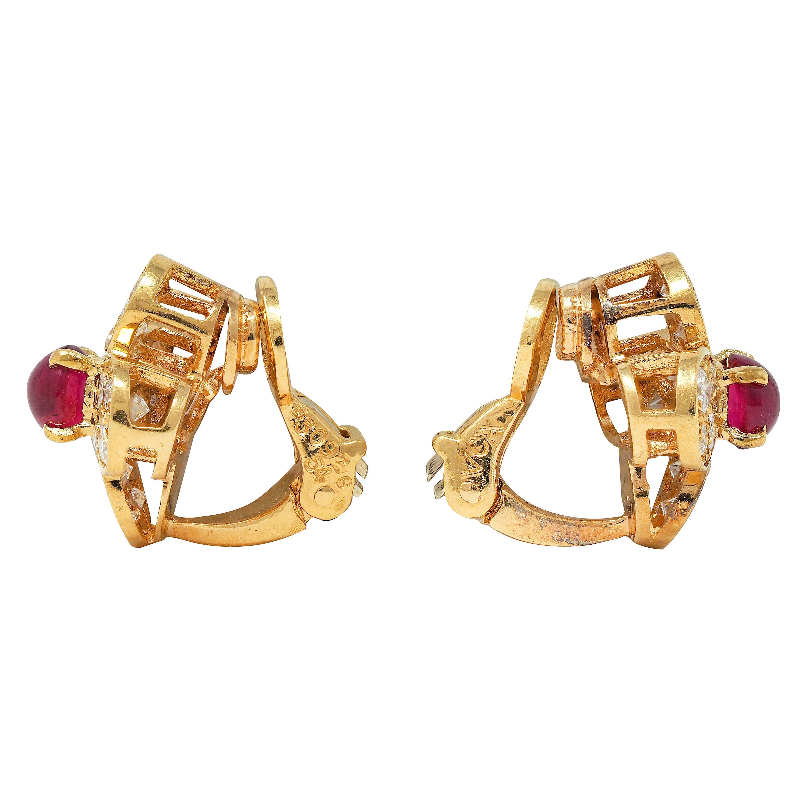 Round Cut Van Cleef & Arpels French Ruby Diamond 18K Gold Alhambra Ear-Clip Earrings For Sale
