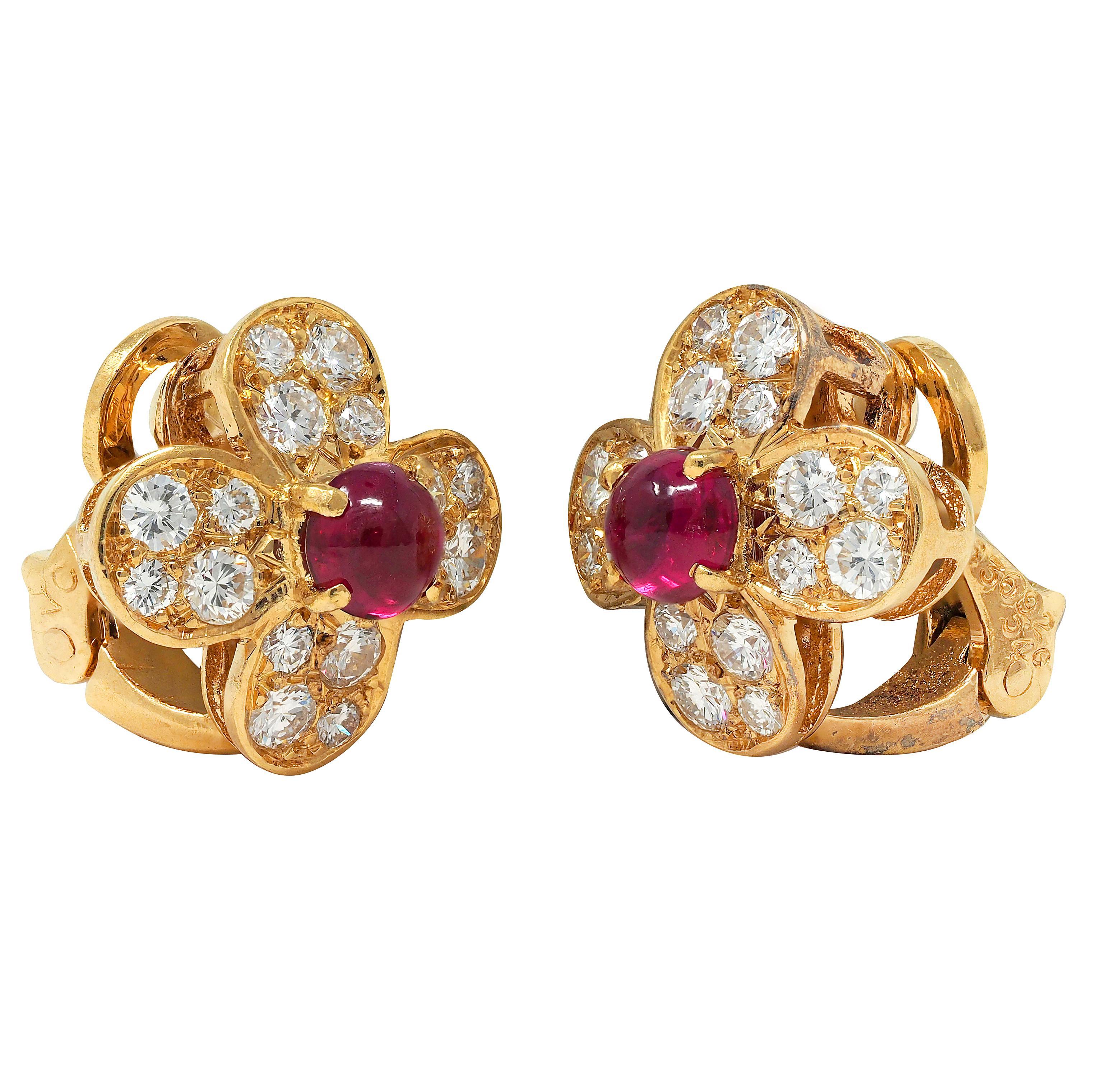 Women's or Men's Van Cleef & Arpels French Ruby Diamond 18K Gold Alhambra Ear-Clip Earrings For Sale